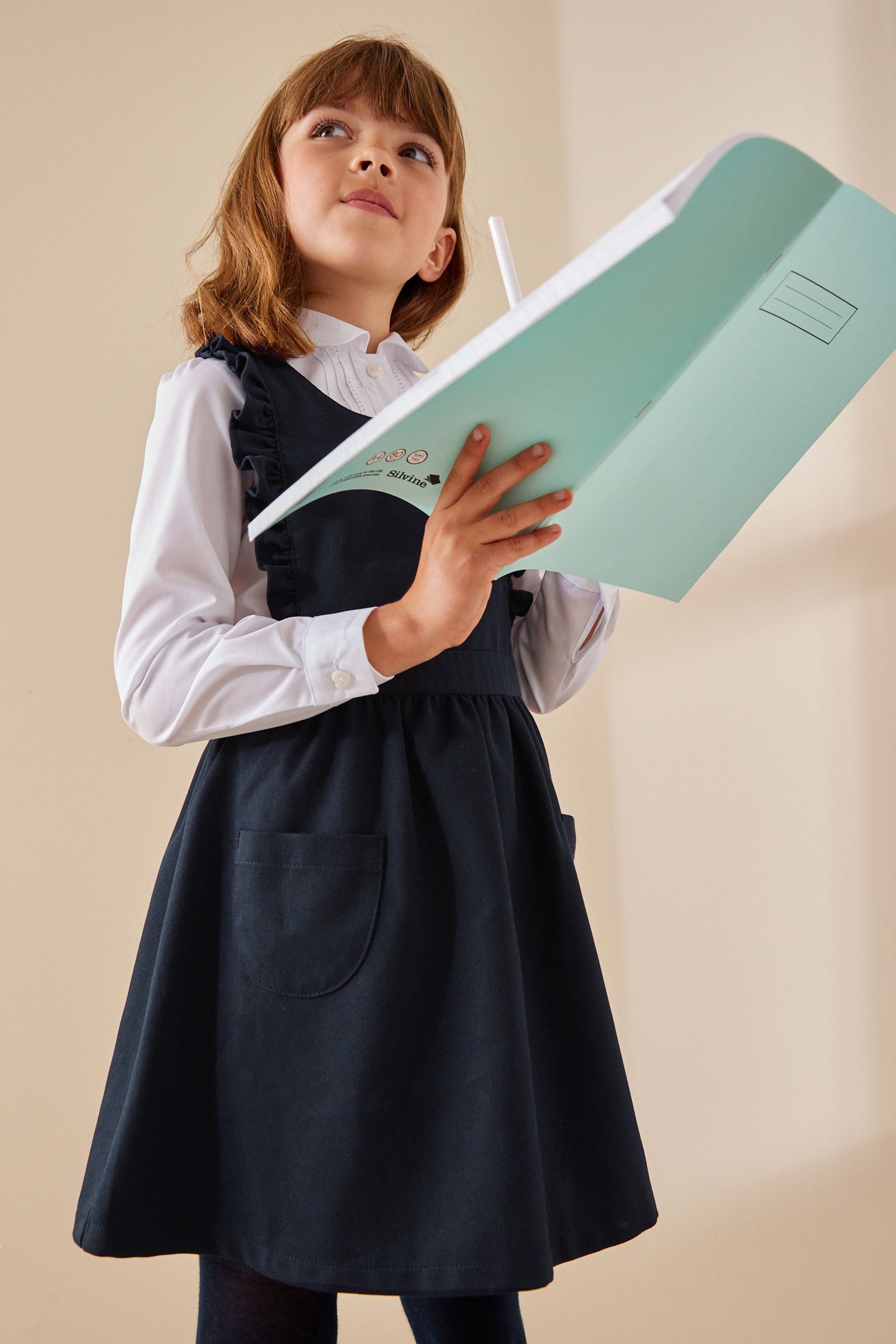 Navy Blue Ruffle Detail Pinafore School Dress (3-14yrs)