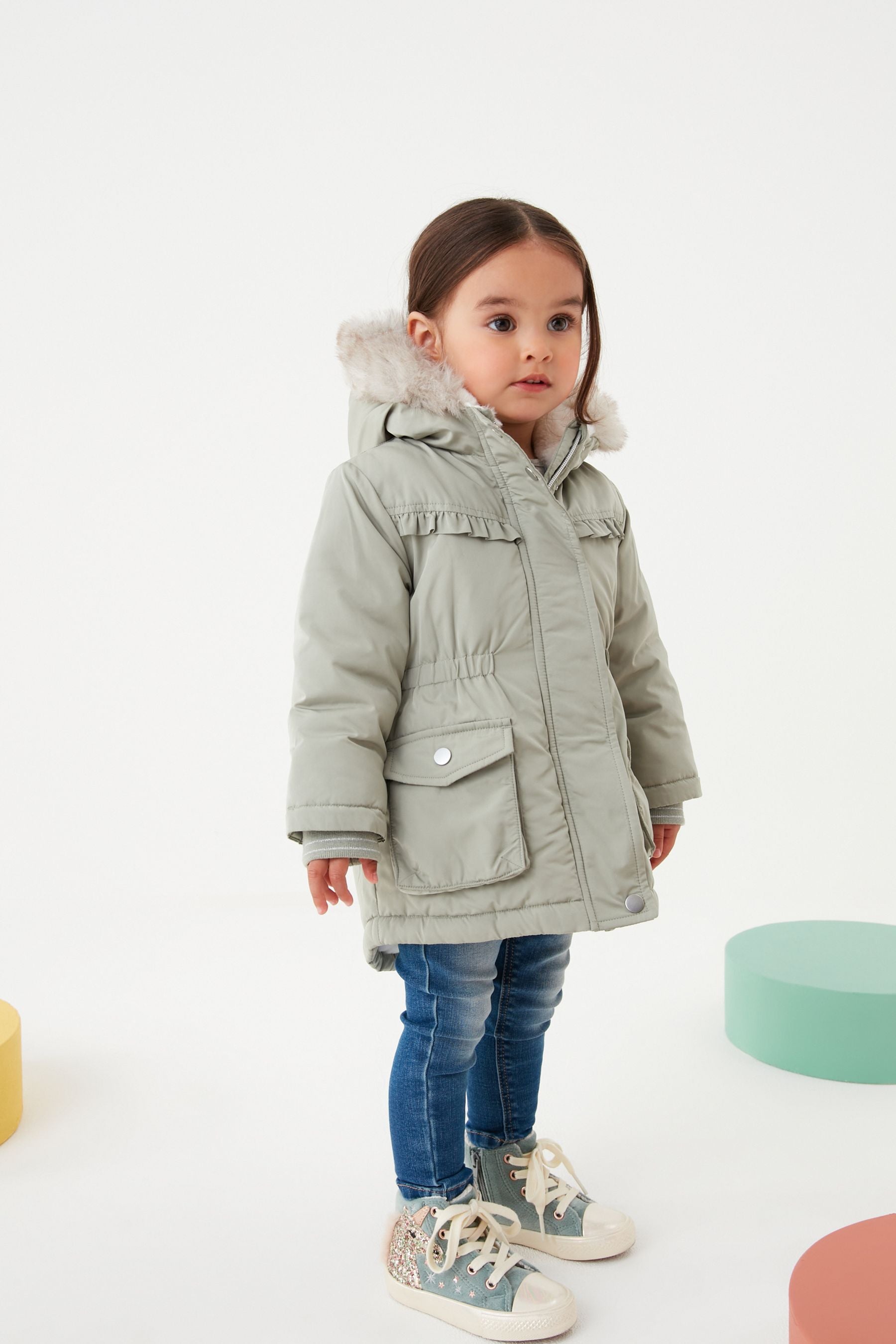 Sage Green Next Shower Resistant Faux Fur Trim Parka (3mths-7yrs)