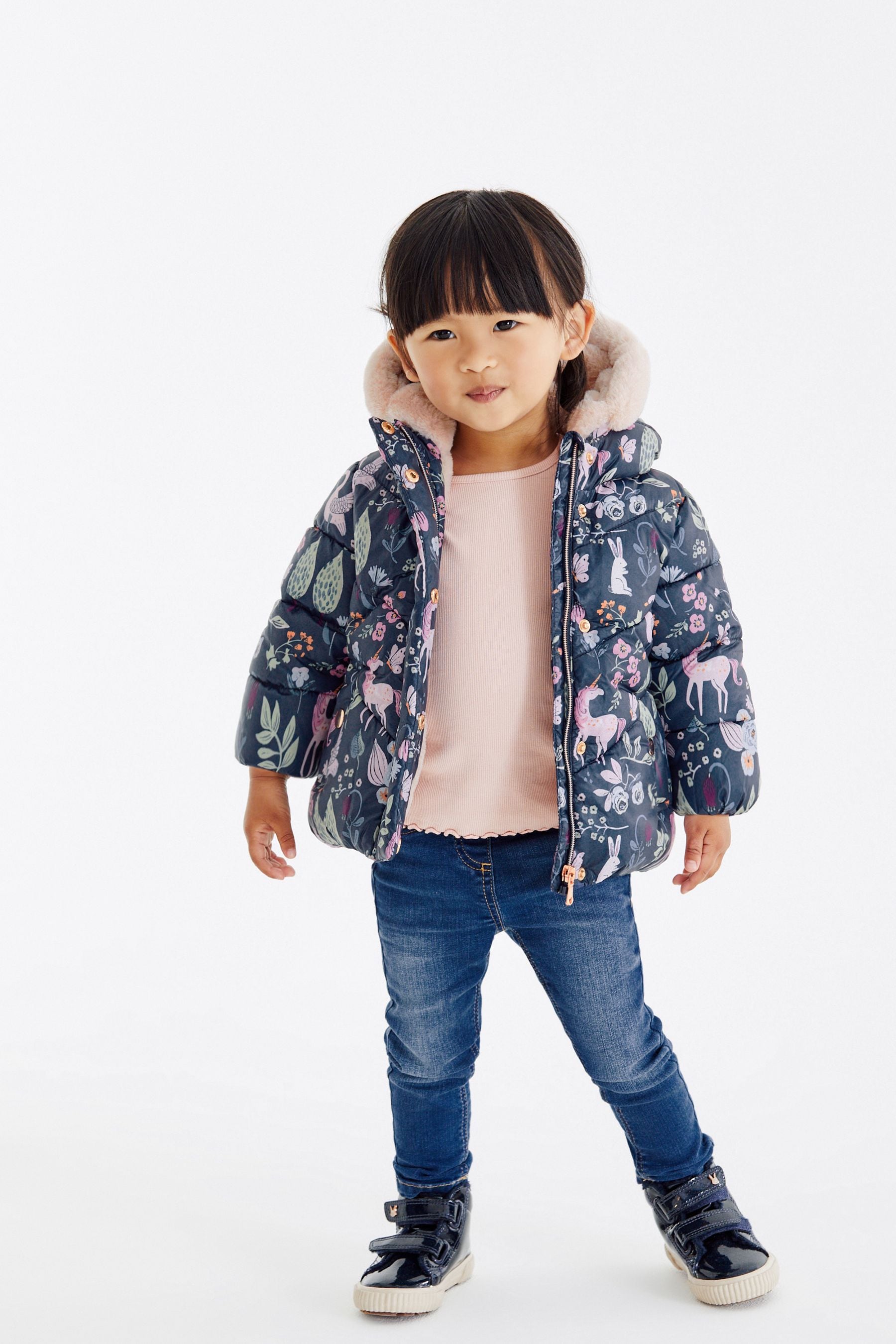 Navy Blue Unicorn Printed Shower Resistant Padded Coat (3mths-7yrs)