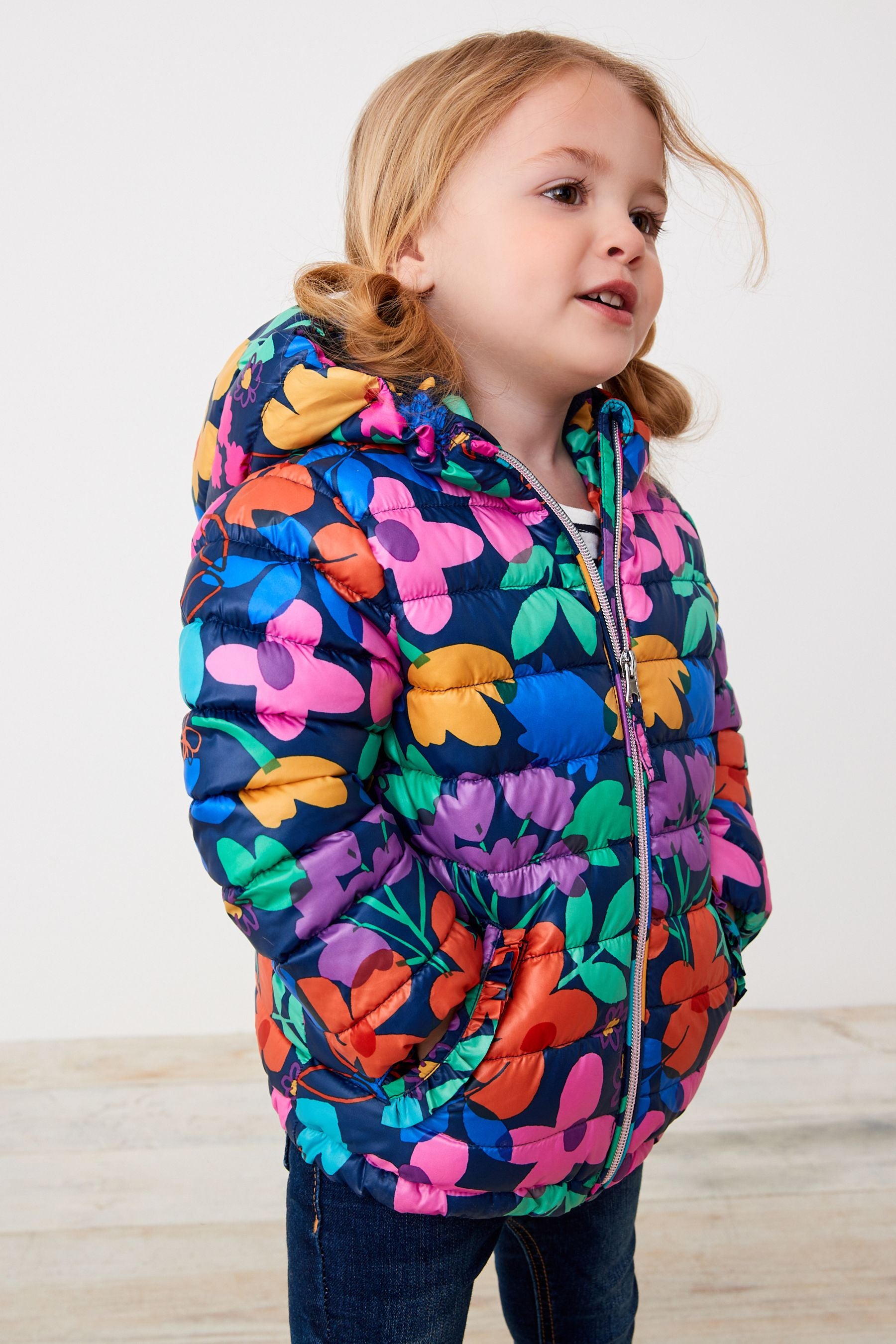 Navy Blue Multi Floral Shower Resistant Printed Padded Coat (3mths-7yrs)