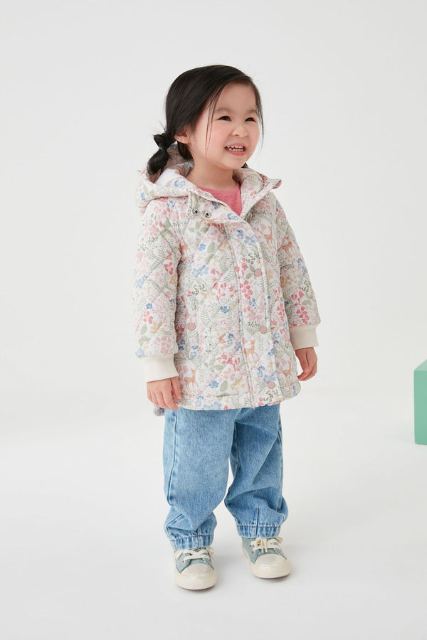 Cream/Pink Floral Shower Resistant Quilted Padded Coat (3mths-7yrs)