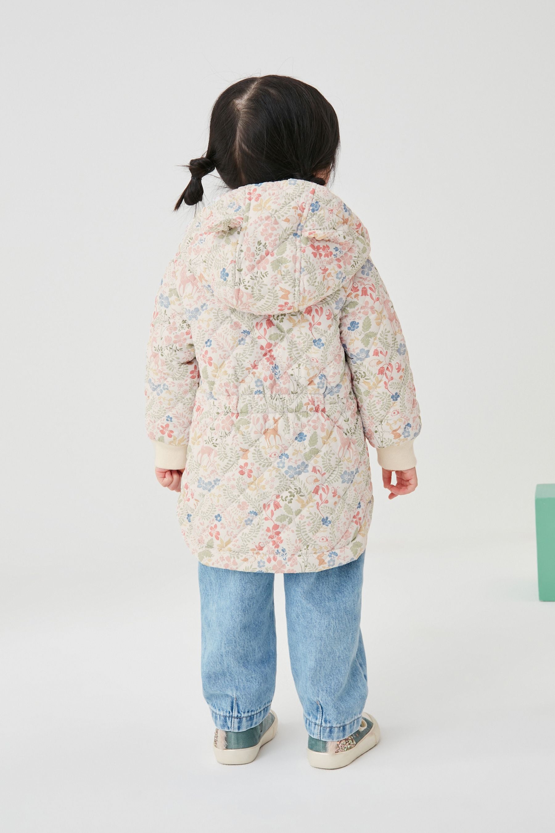 Cream/Pink Floral Shower Resistant Quilted Padded Coat (3mths-7yrs)