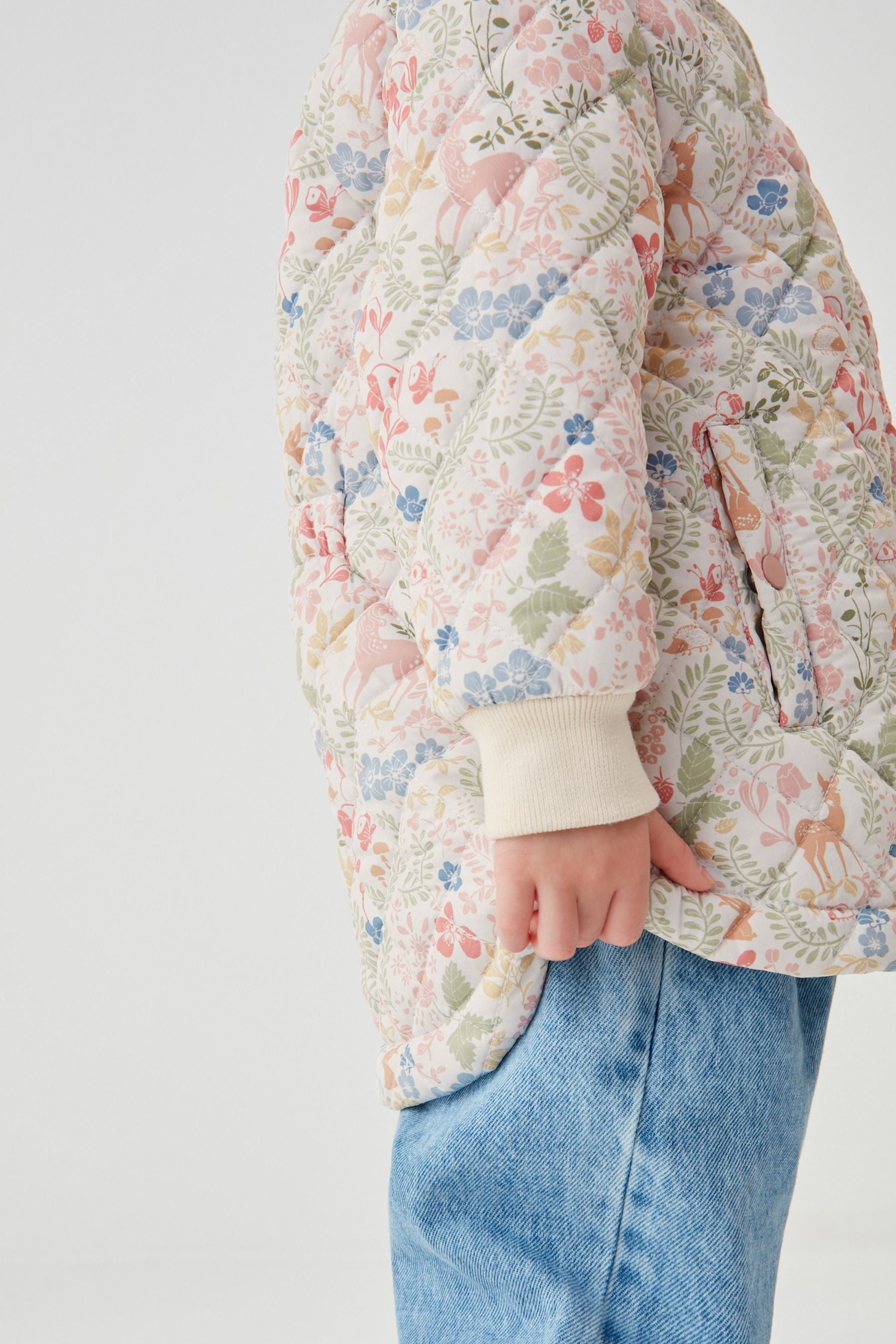 Cream/Pink Floral Shower Resistant Quilted Padded Coat (3mths-7yrs)