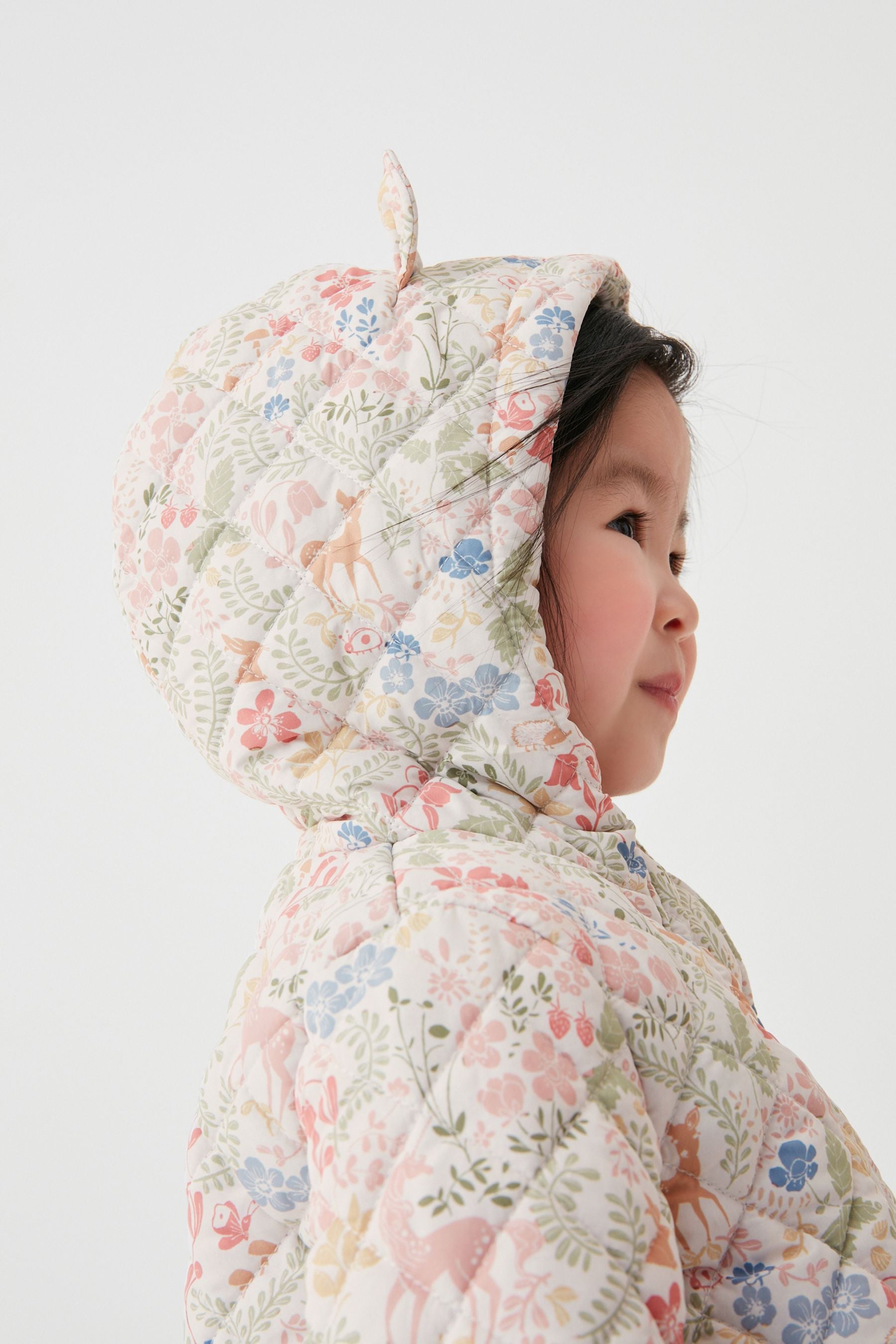 Cream/Pink Floral Shower Resistant Quilted Padded Coat (3mths-7yrs)