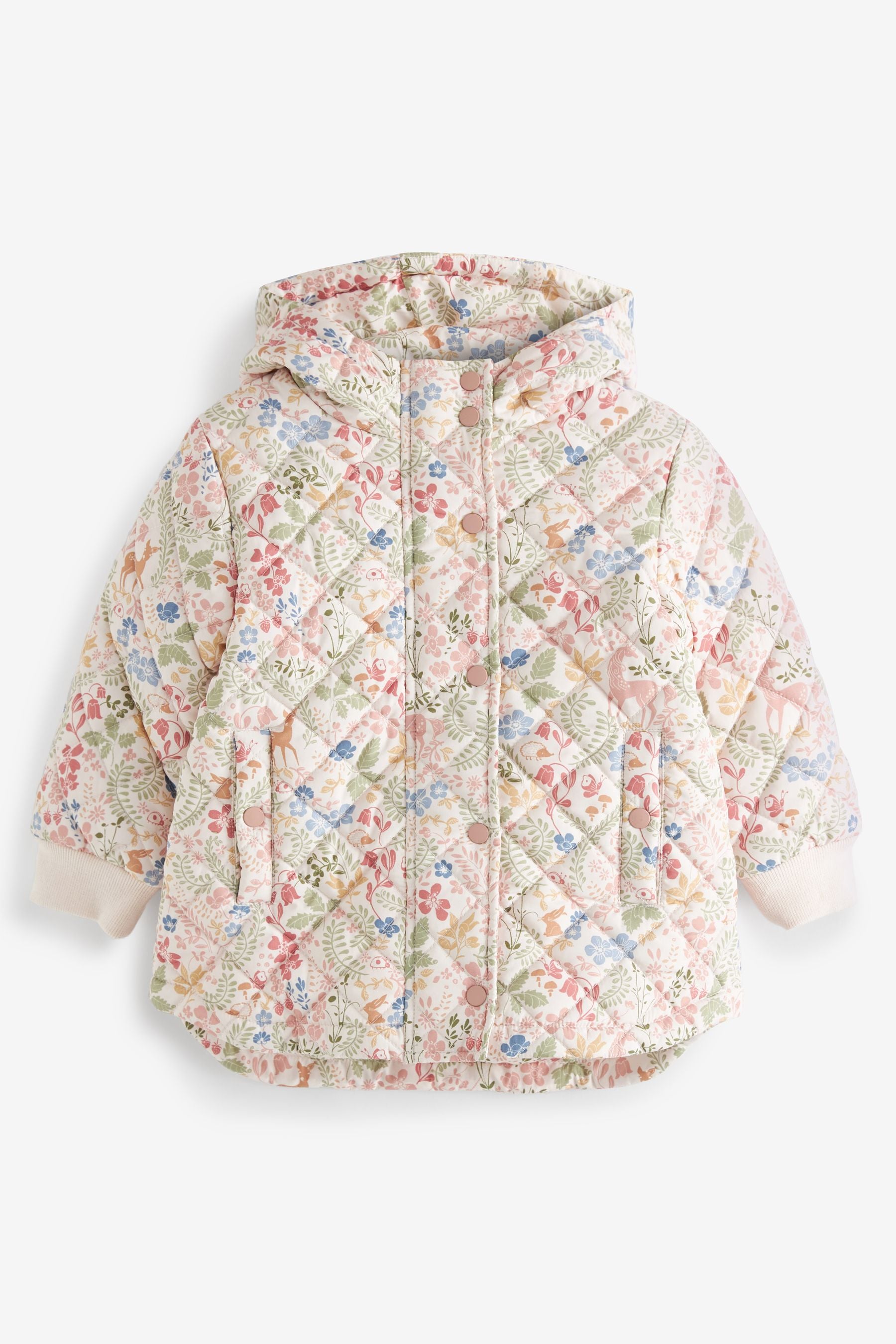 Cream/Pink Floral Shower Resistant Quilted Padded Coat (3mths-7yrs)