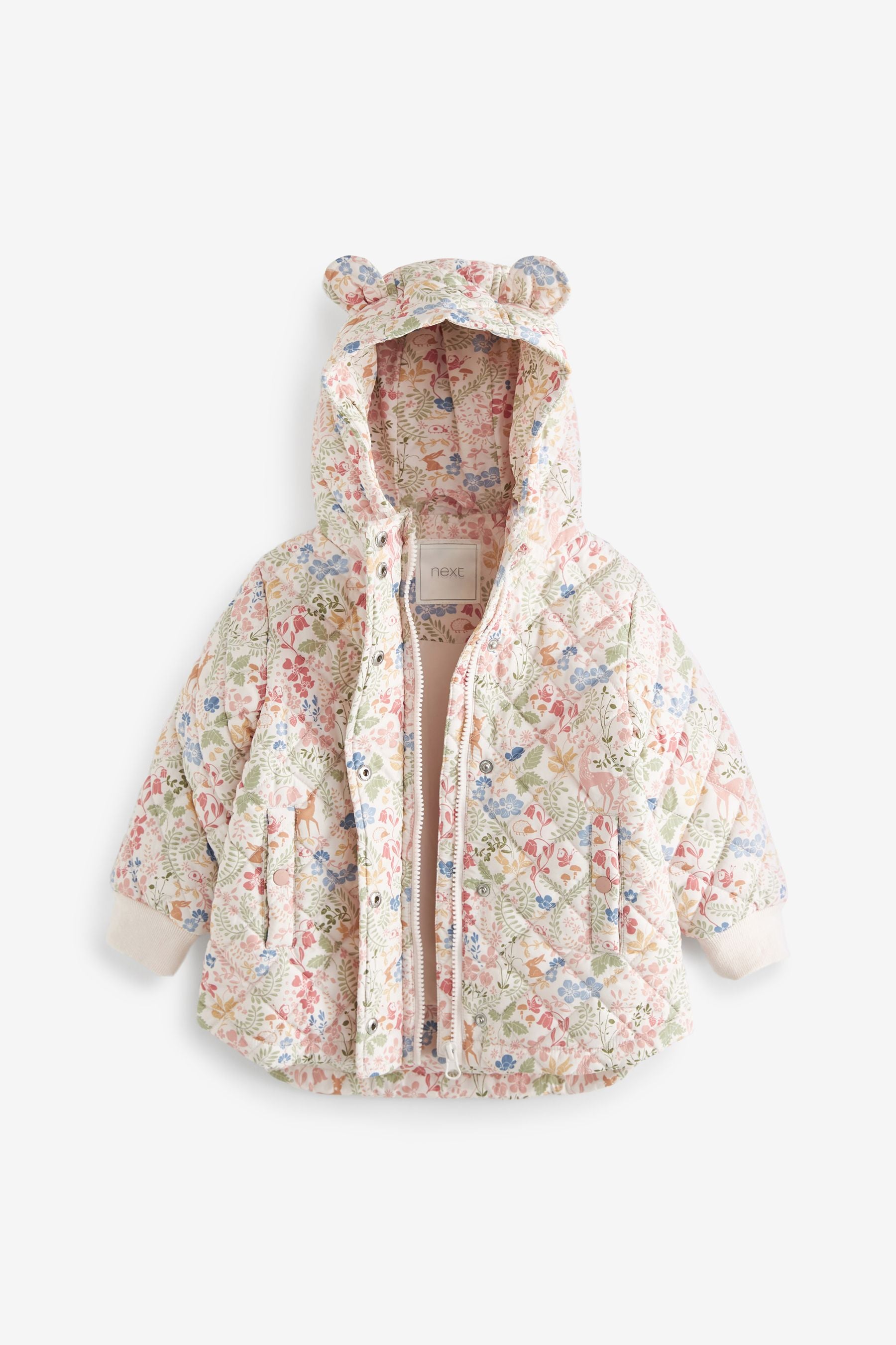 Cream/Pink Floral Shower Resistant Quilted Padded Coat (3mths-7yrs)