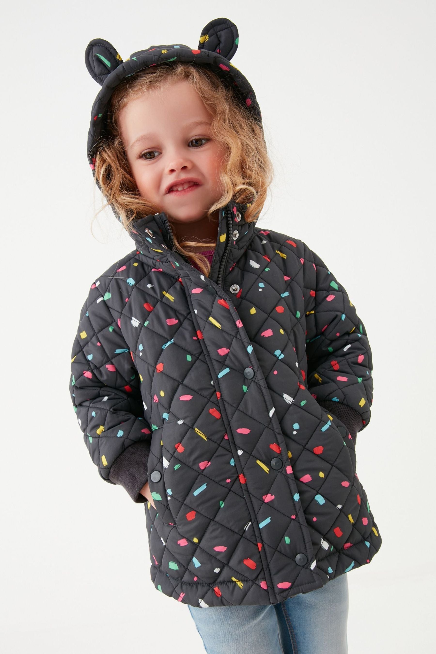 Charcoal Grey Printed Shower Resistant Quilted Padded Coat (3mths-7yrs)