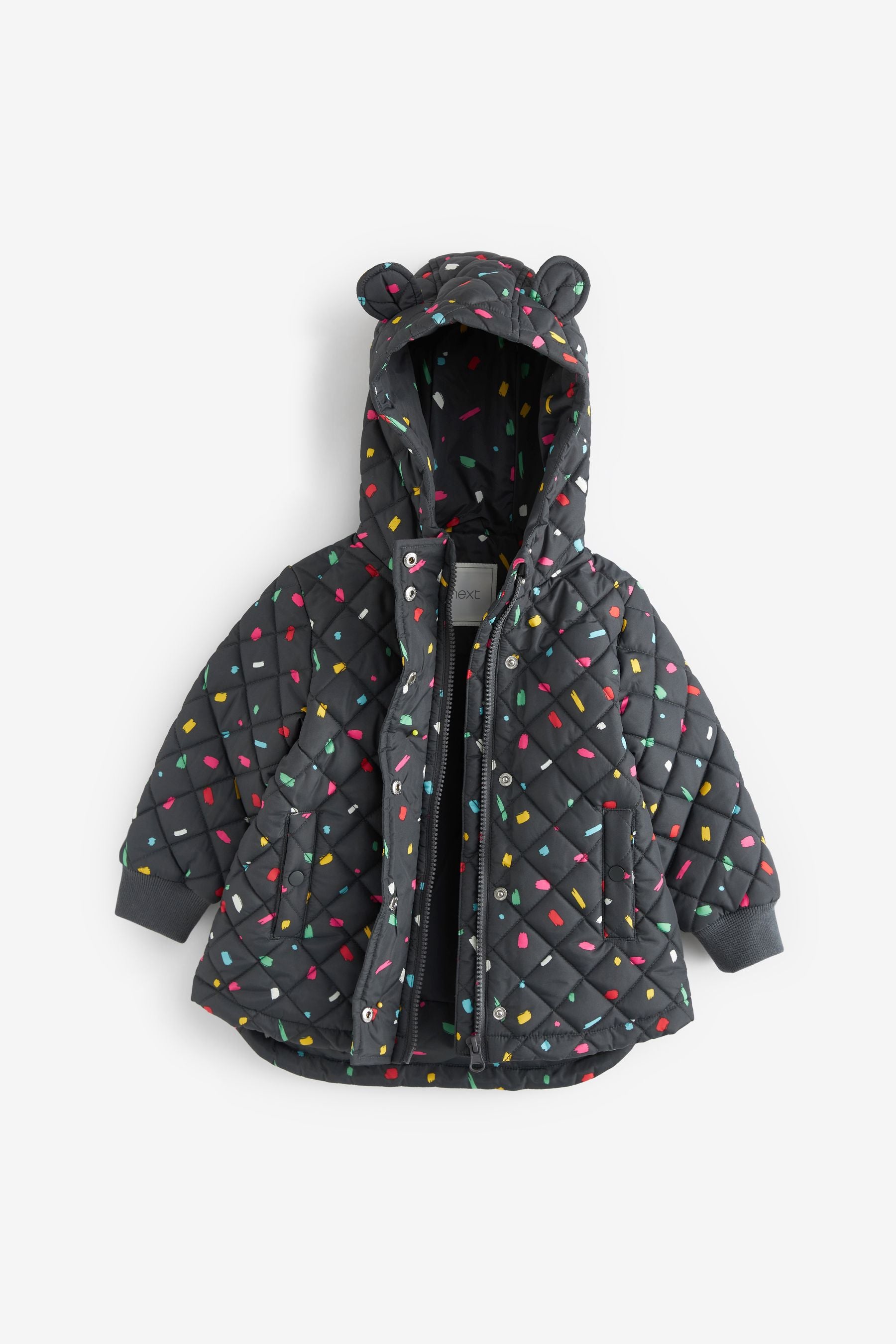 Charcoal Grey Printed Shower Resistant Quilted Padded Coat (3mths-7yrs)