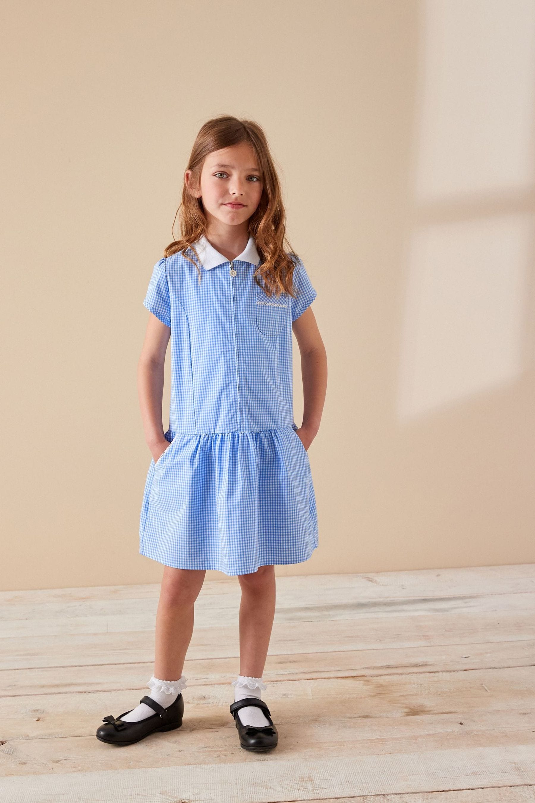 Blue Cotton Rich School Gingham Zip Dress (3-14yrs)