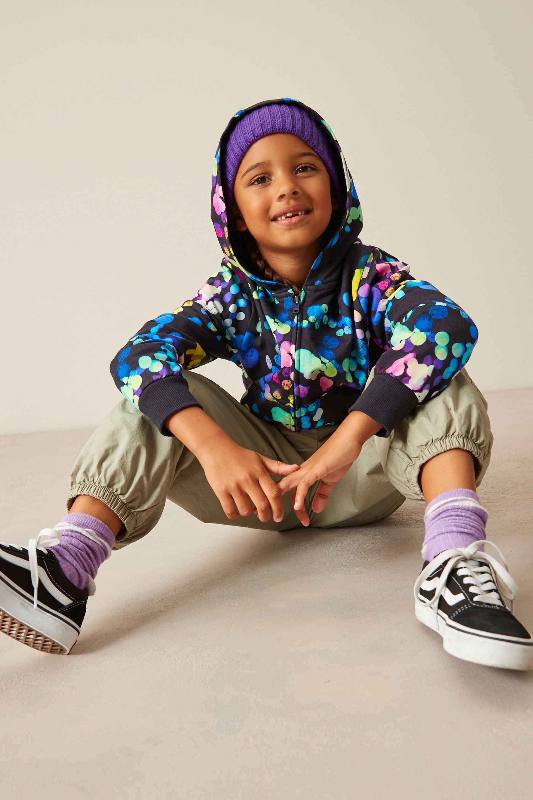 Black Spot Printed Zip Through Hoodie (3-16yrs)