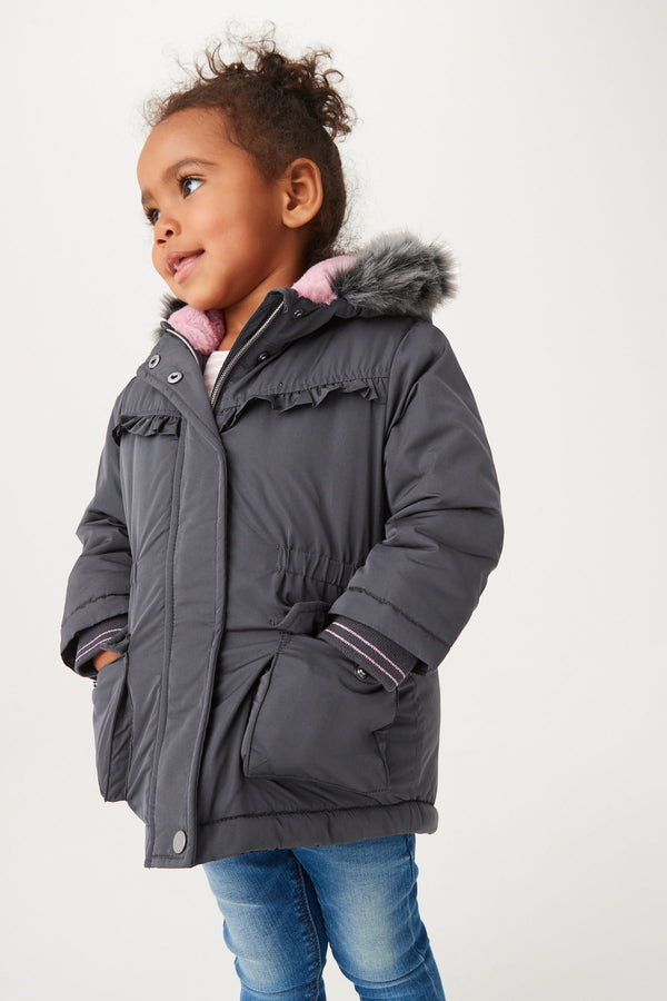 Charcoal Grey Next Shower Resistant Faux Fur Trim Parka (3mths-7yrs)