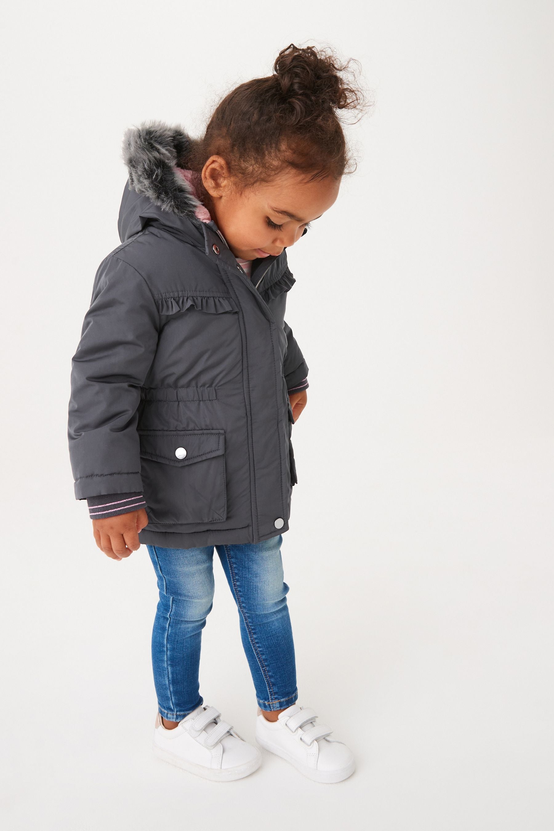 Charcoal Grey Next Shower Resistant Faux Fur Trim Parka (3mths-7yrs)