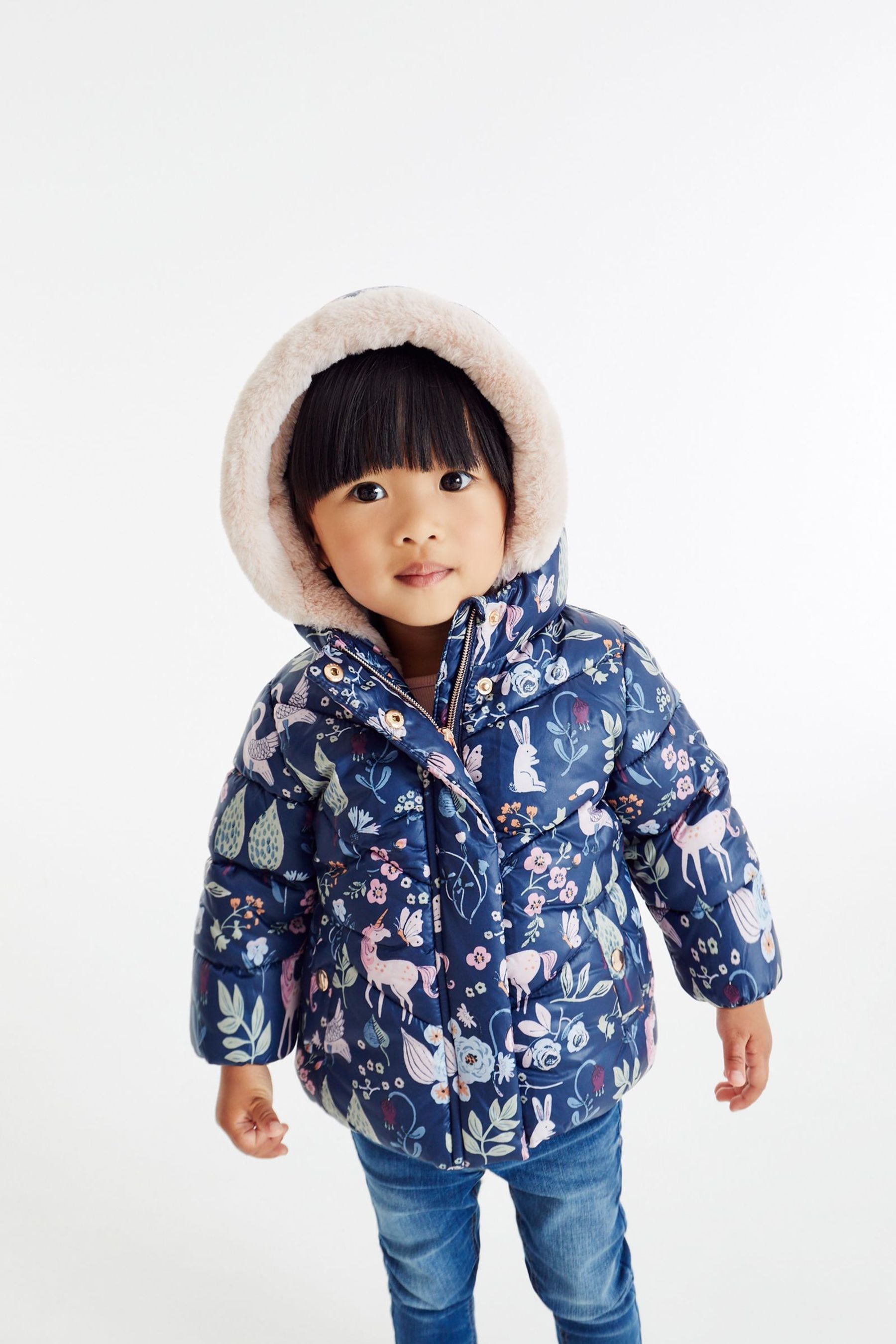 Navy Blue Unicorn Printed Shower Resistant Padded Coat (3mths-7yrs)