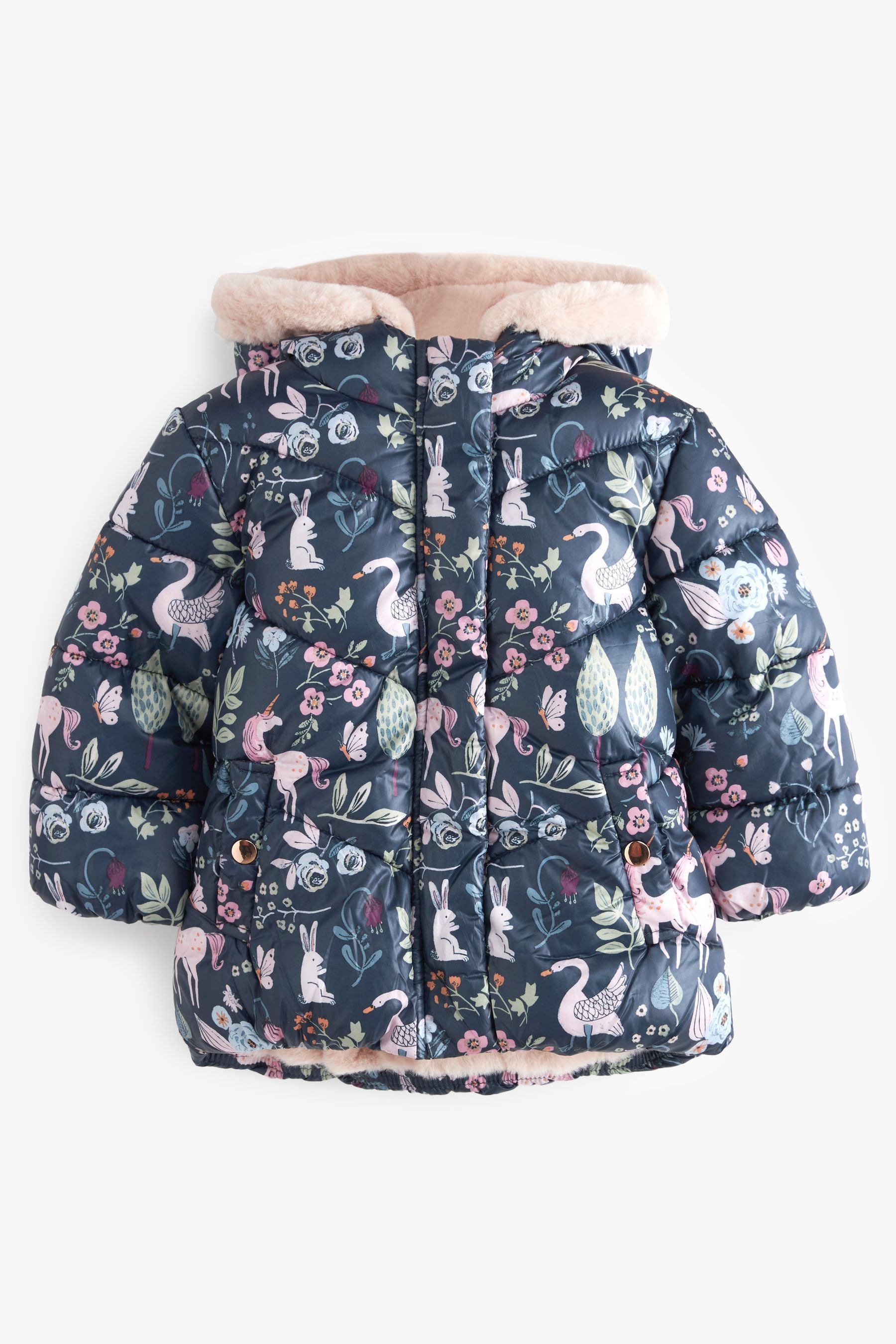 Navy Blue Unicorn Printed Shower Resistant Padded Coat (3mths-7yrs)