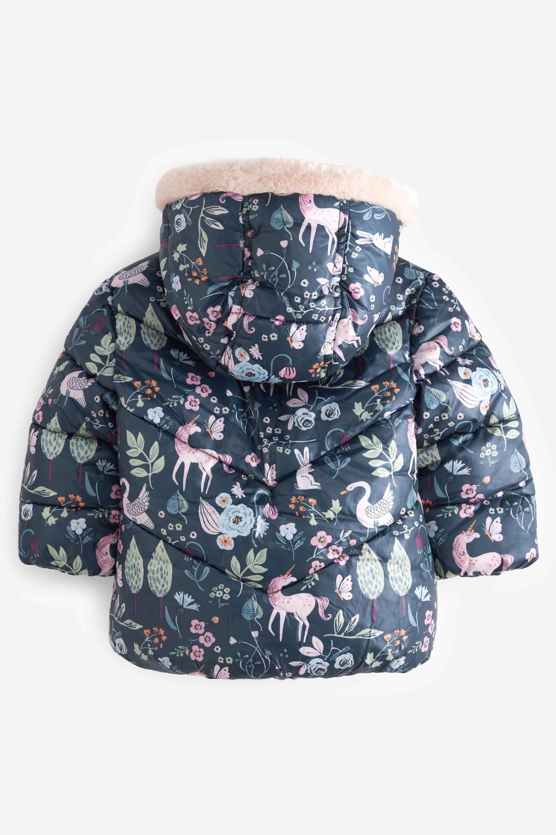 Navy Blue Unicorn Printed Shower Resistant Padded Coat (3mths-7yrs)