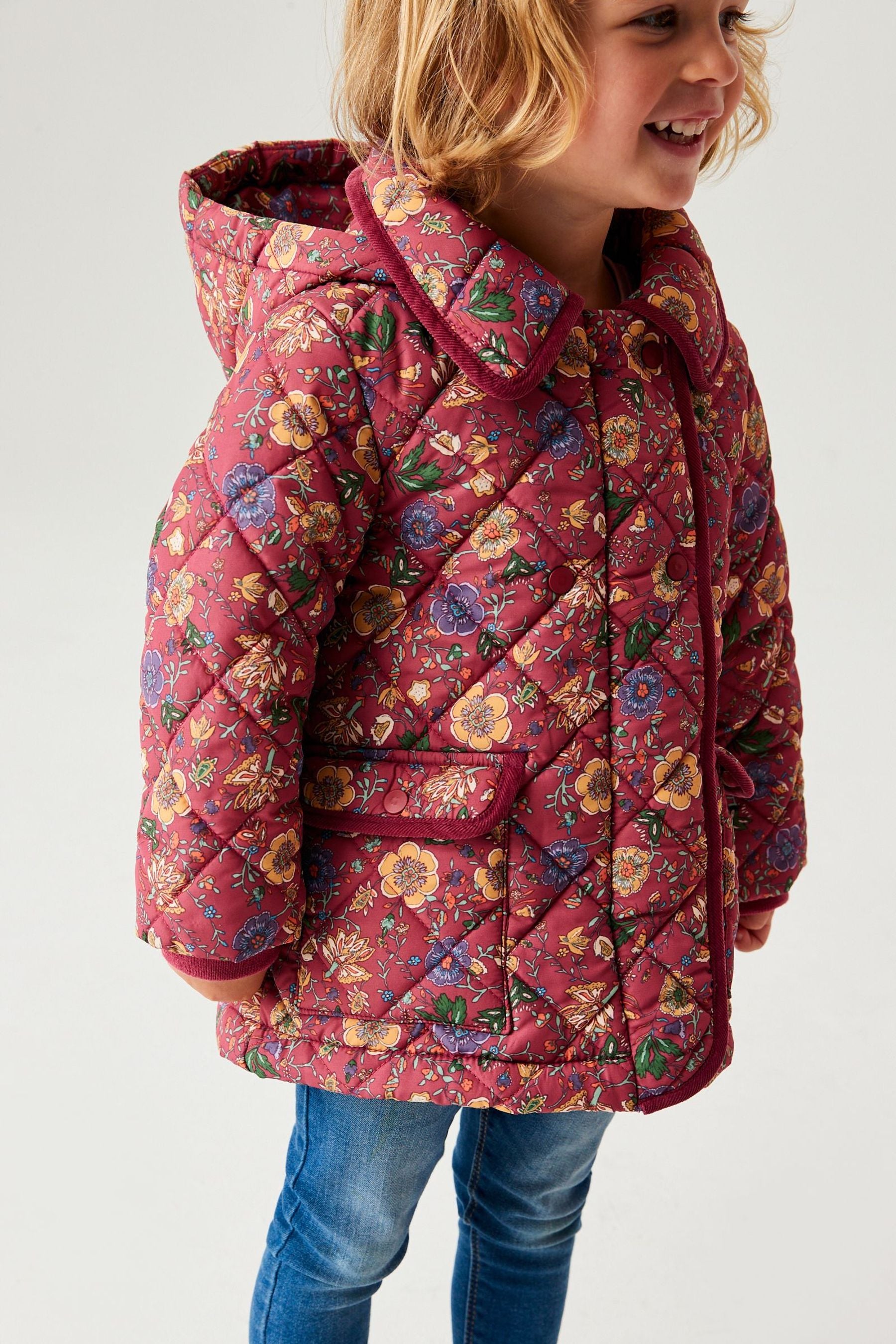 Berry Red Floral Printed Shower Resistant Quilted Padded Coat (3mths-7yrs)