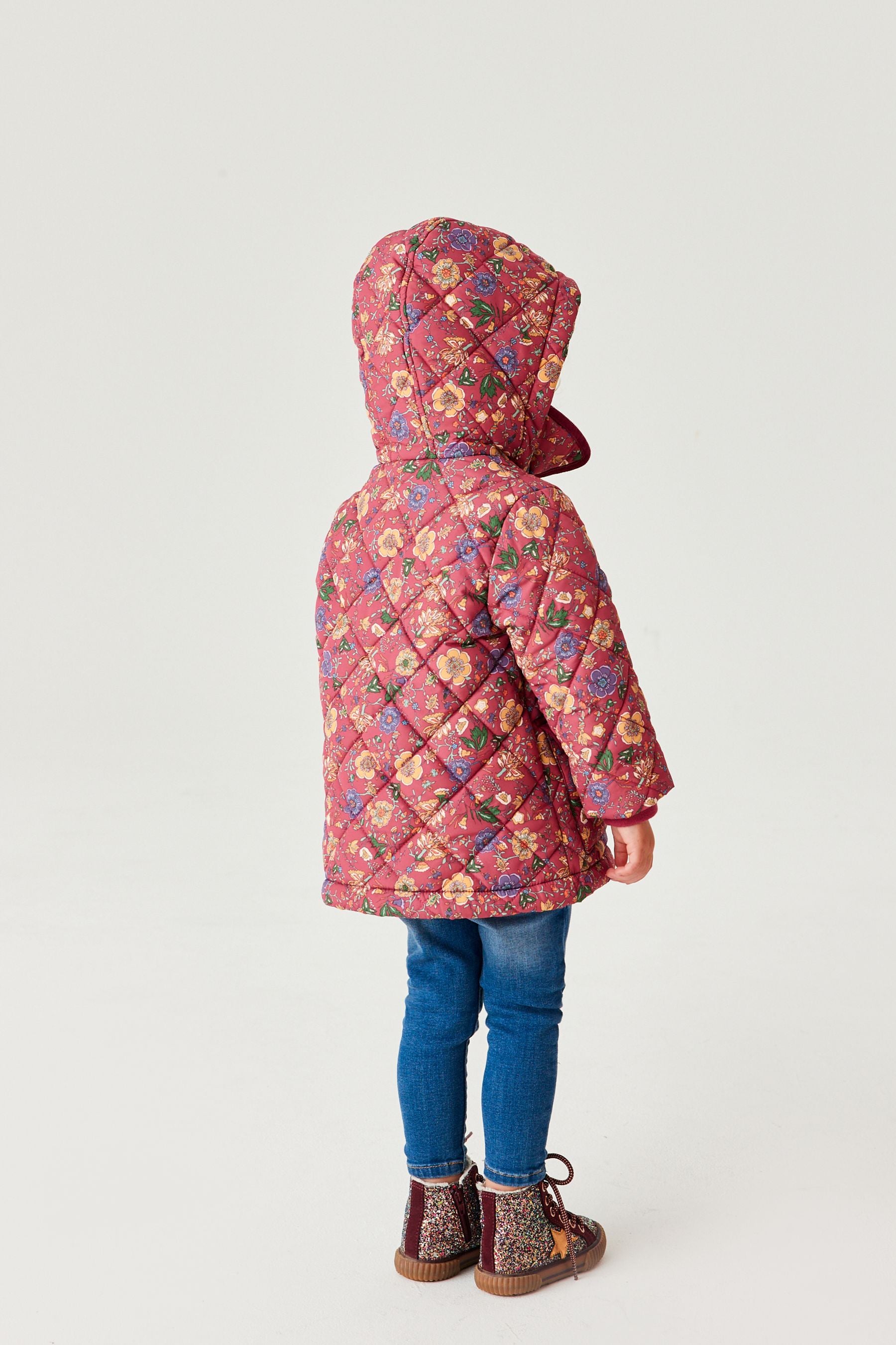 Berry Red Floral Printed Shower Resistant Quilted Padded Coat (3mths-7yrs)