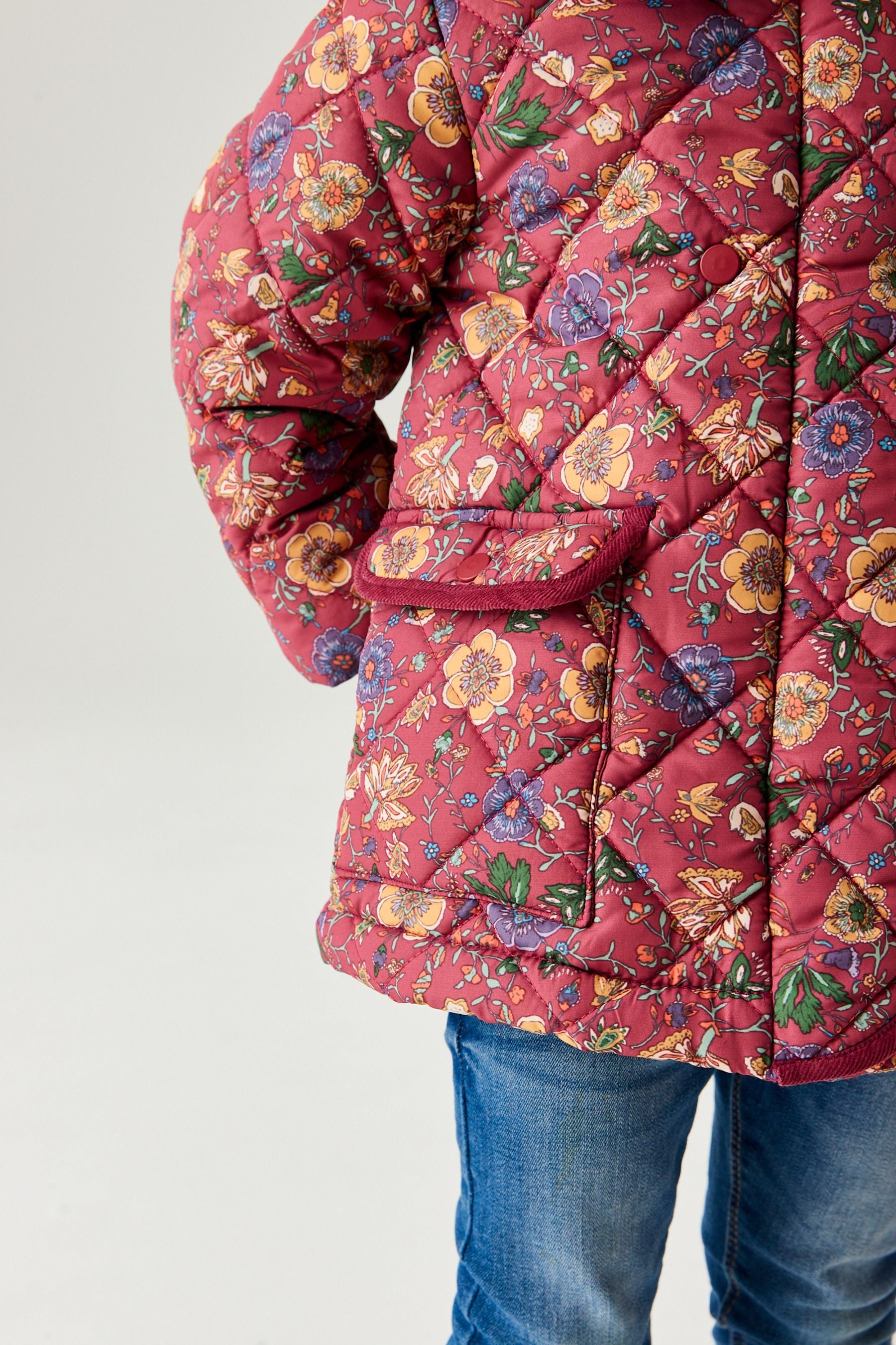 Berry Red Floral Printed Shower Resistant Quilted Padded Coat (3mths-7yrs)