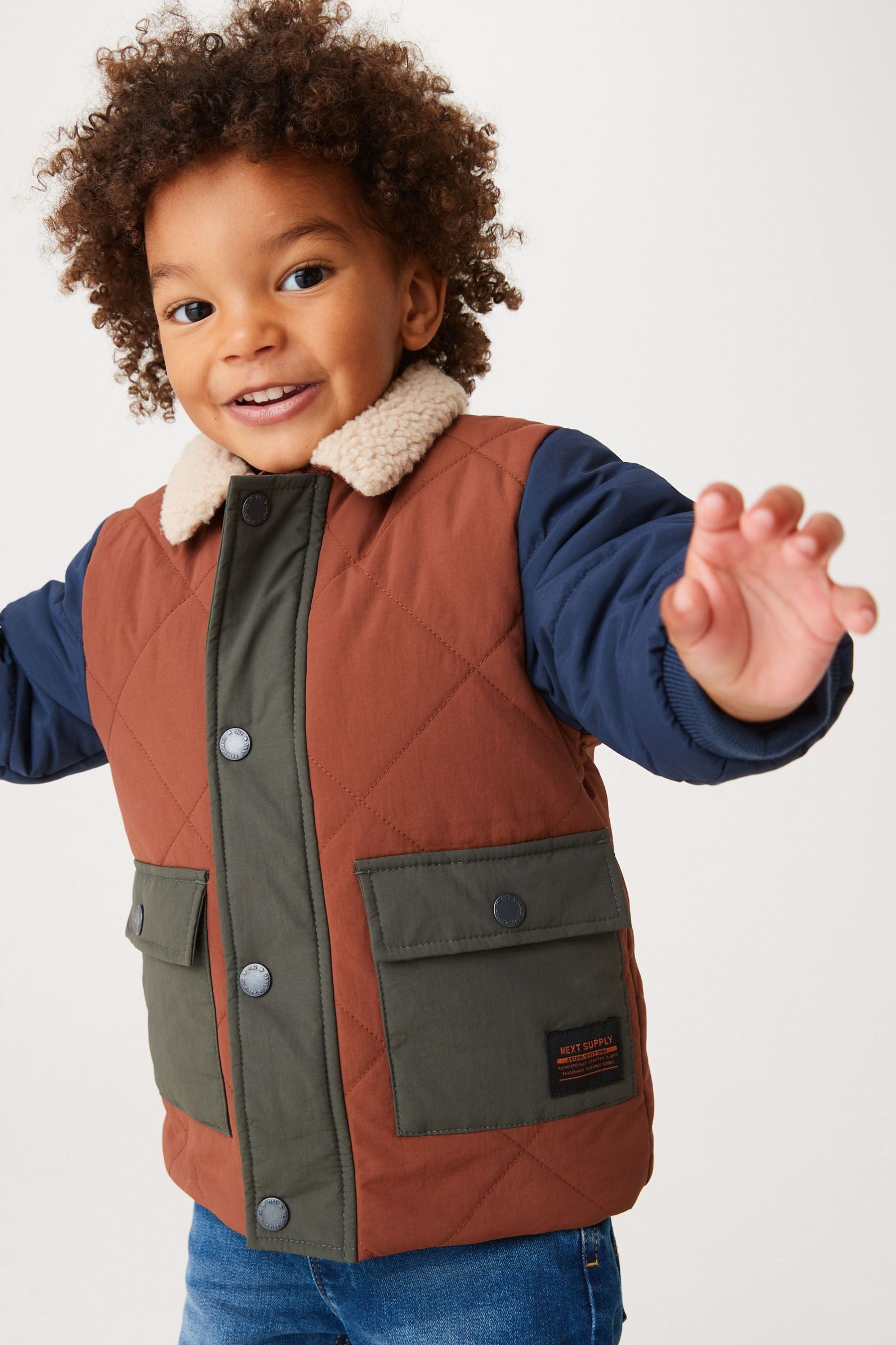 Navy Blue Borg Collar Quilted Jacket (3mths-7yrs)