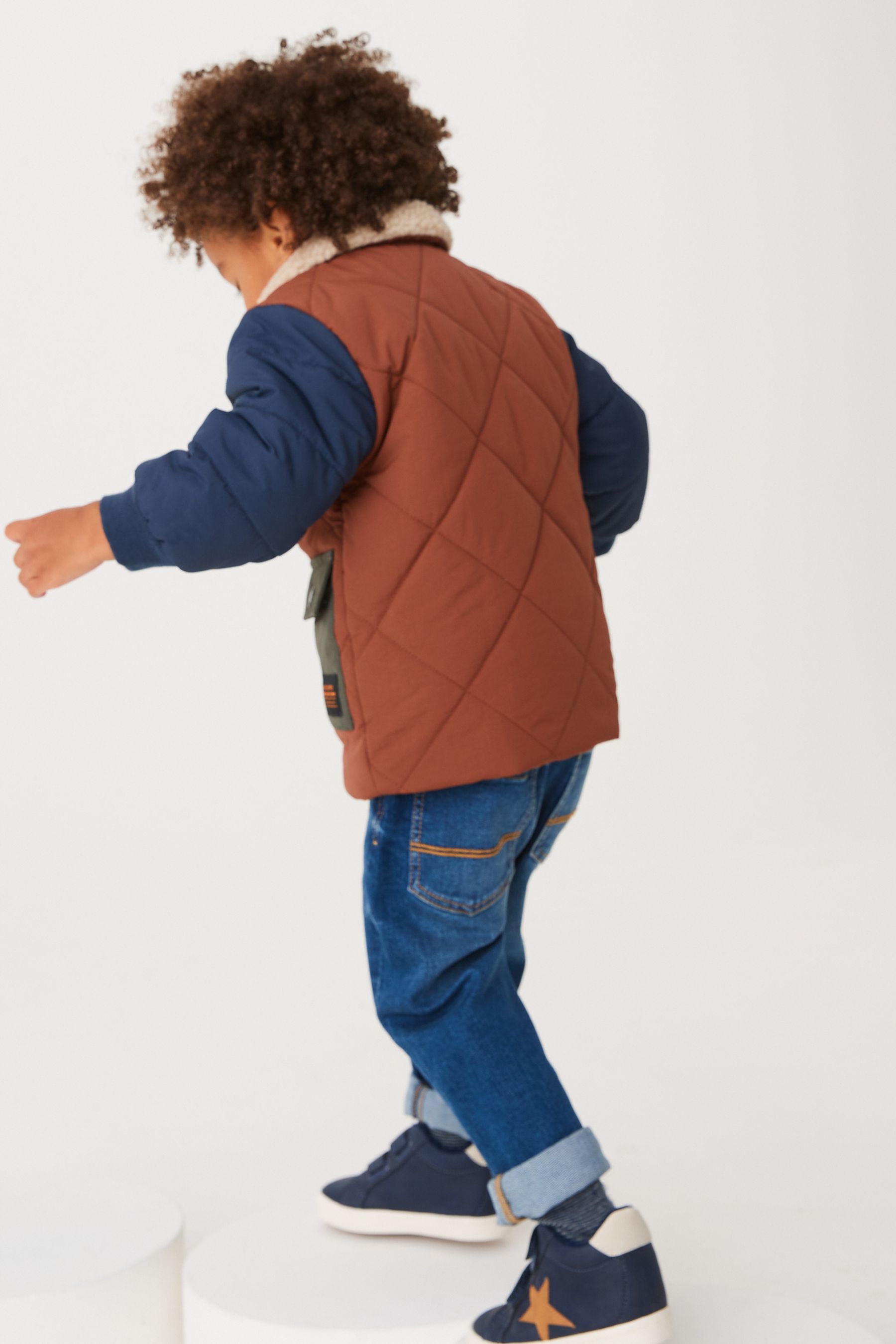 Navy Blue Borg Collar Quilted Jacket (3mths-7yrs)