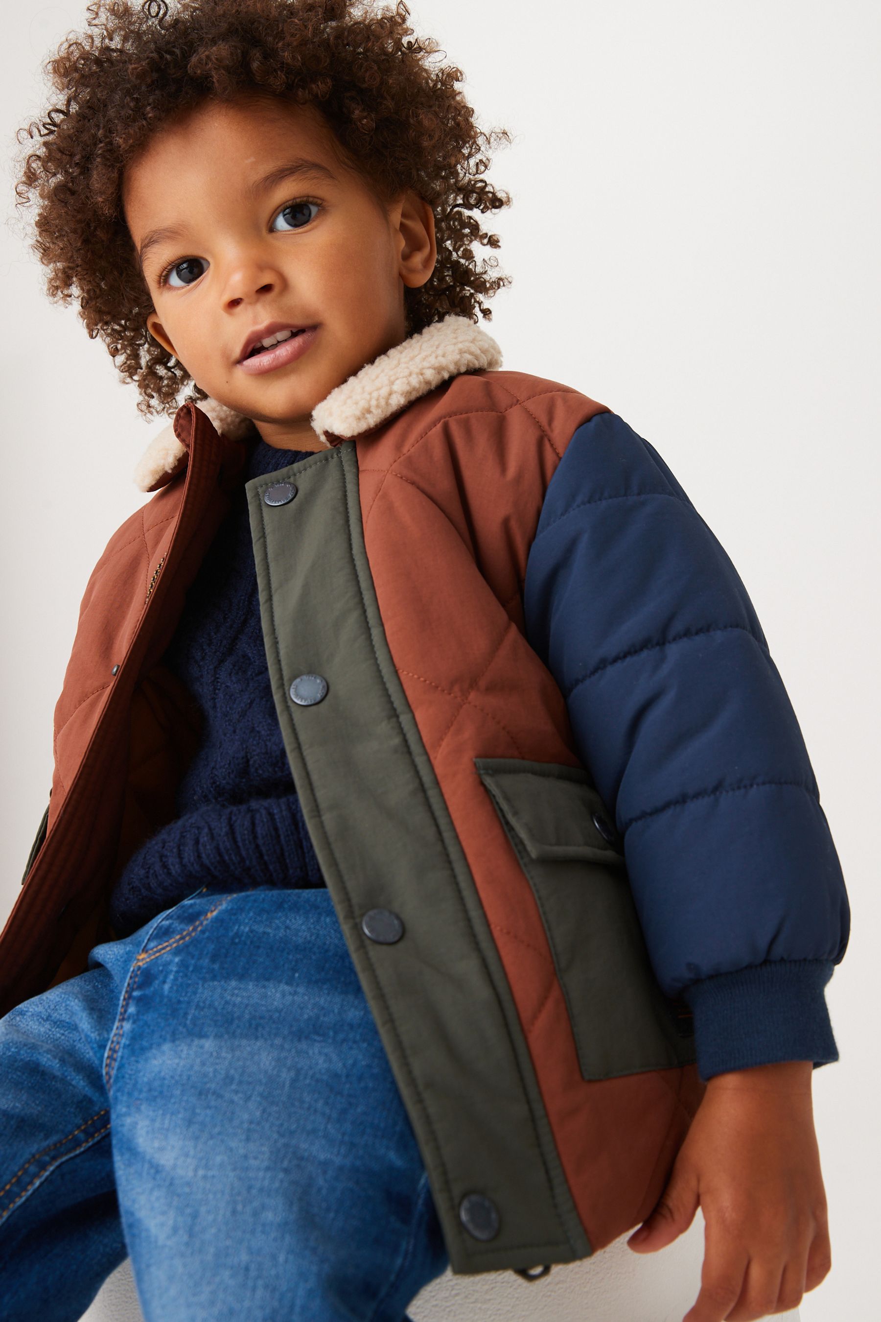 Navy Blue Borg Collar Quilted Jacket (3mths-7yrs)