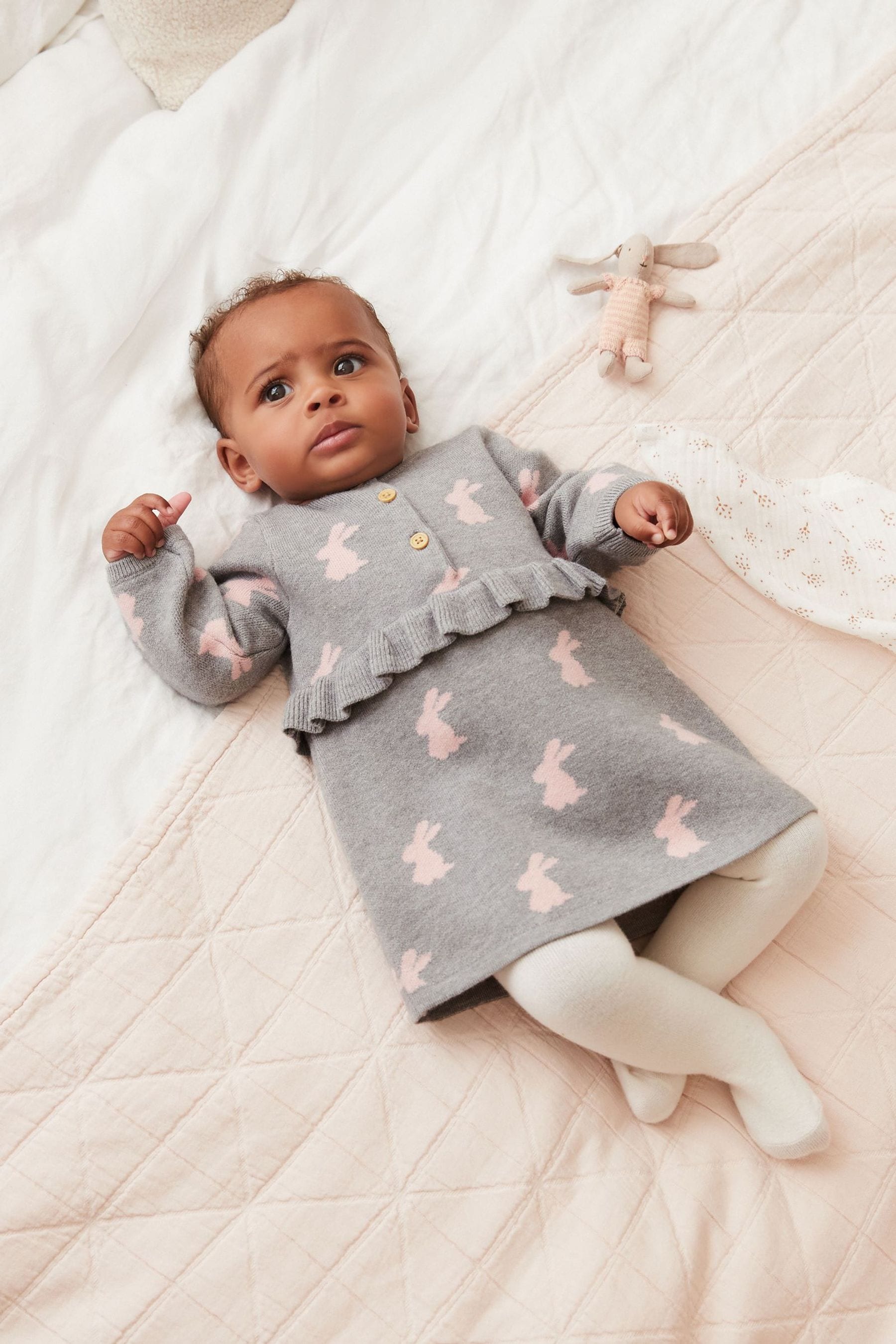 Grey Bunny Knitted Frill Baby Dress (0mths-2yrs)