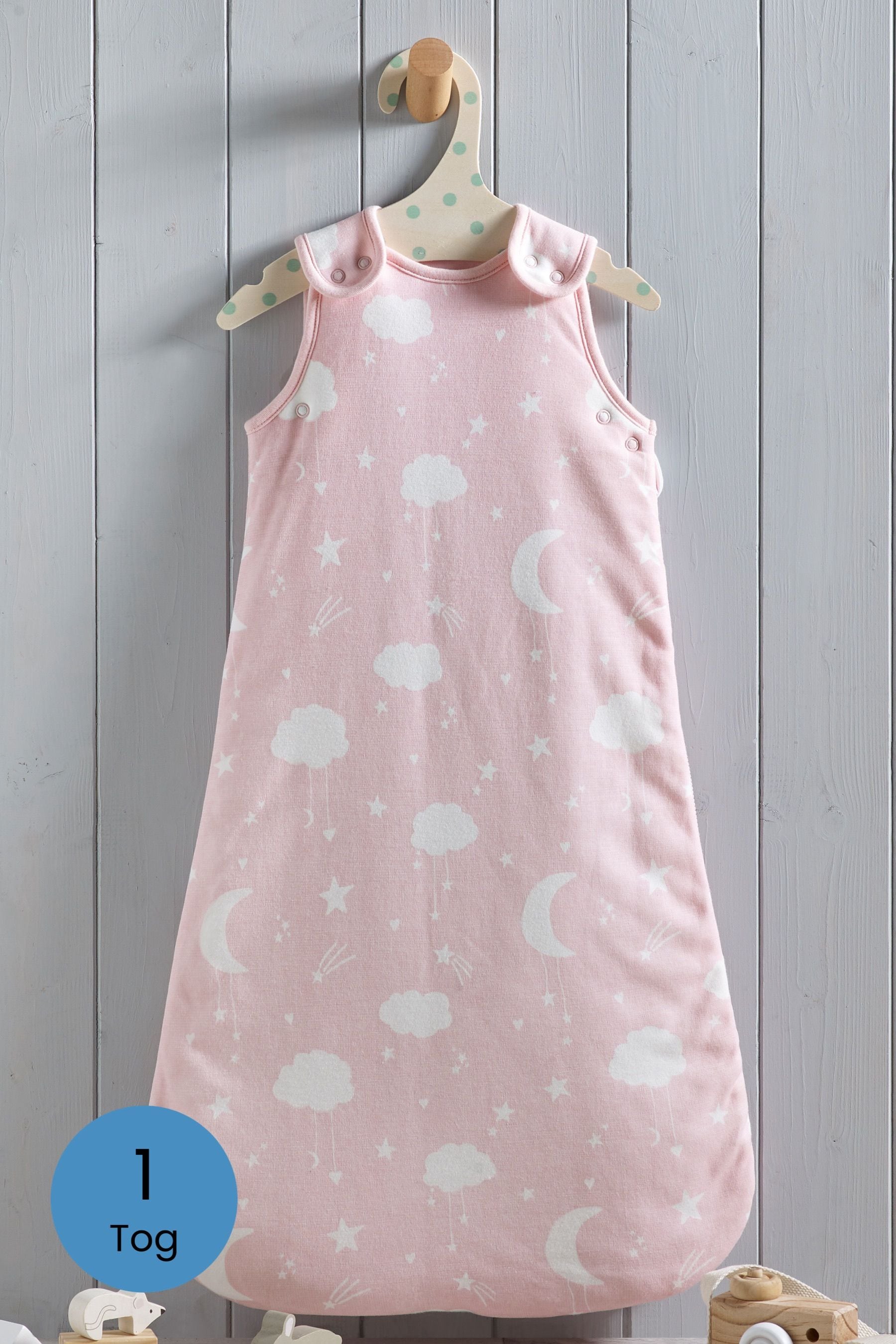 Pink Moon & Stars Baby 100% Cotton 1 Tog Sleep Bag