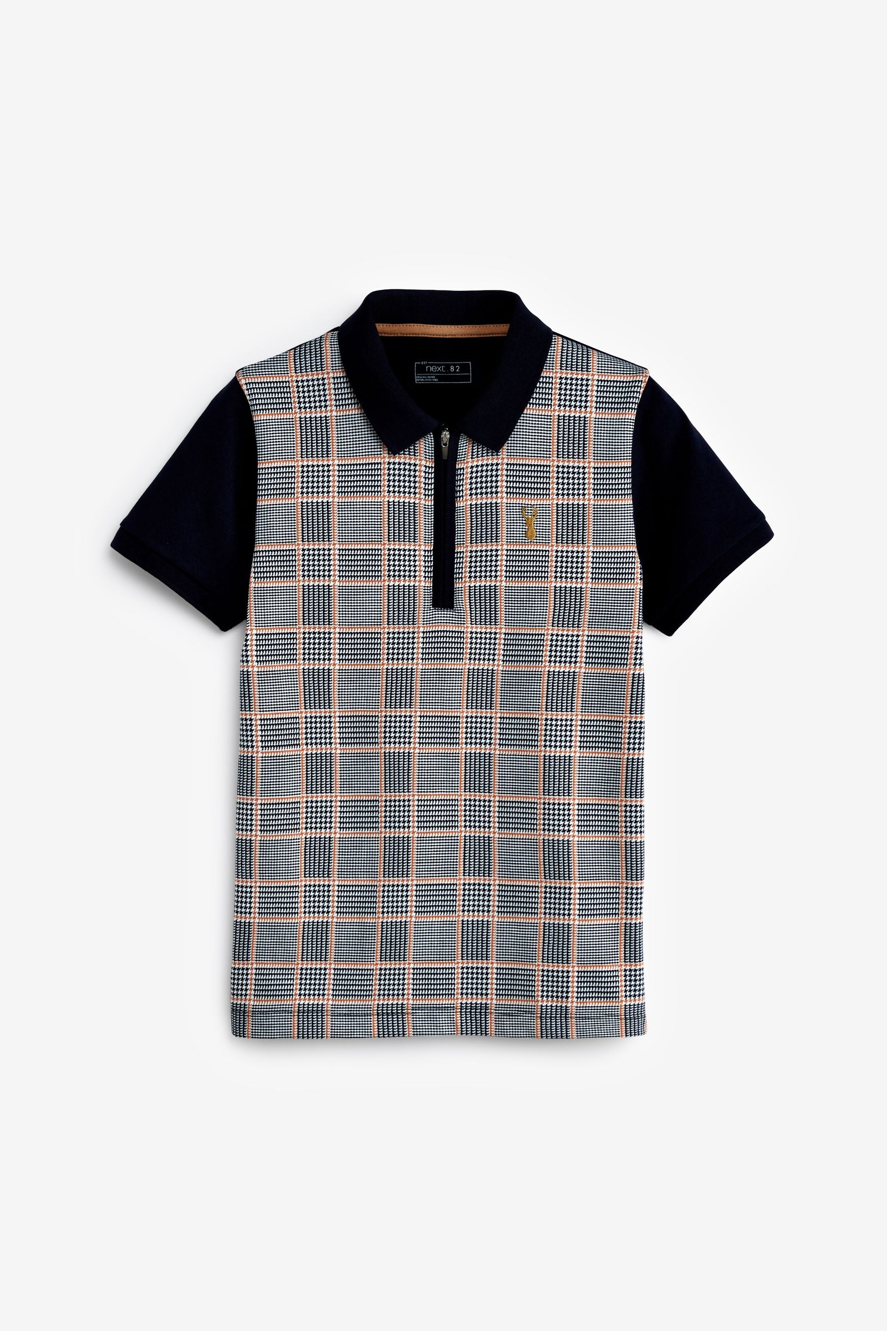 Grey/Tan Brown Check Short Sleeve Zip Neck Polo Shirt (3-16yrs)