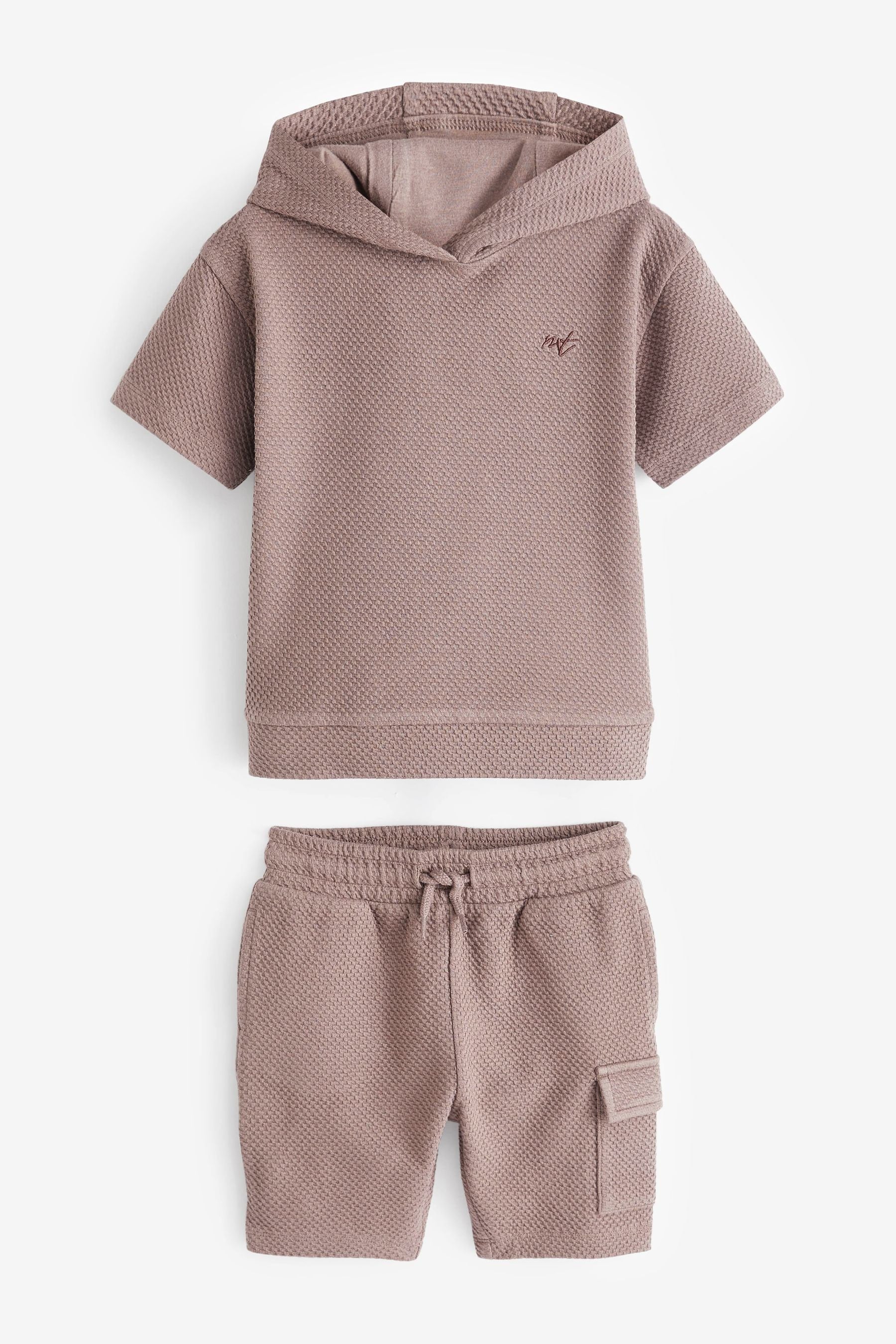 Tan Brown Short Sleeve Textured Hoodie and Shorts Set (3mths-7yrs)