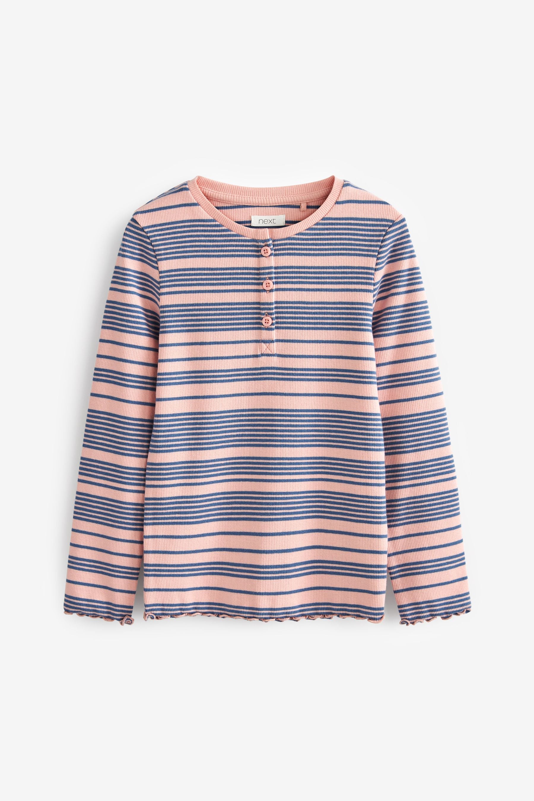 Pink/Navy Stripe Ribbed Long Sleeve Top With Placket (3-16yrs)