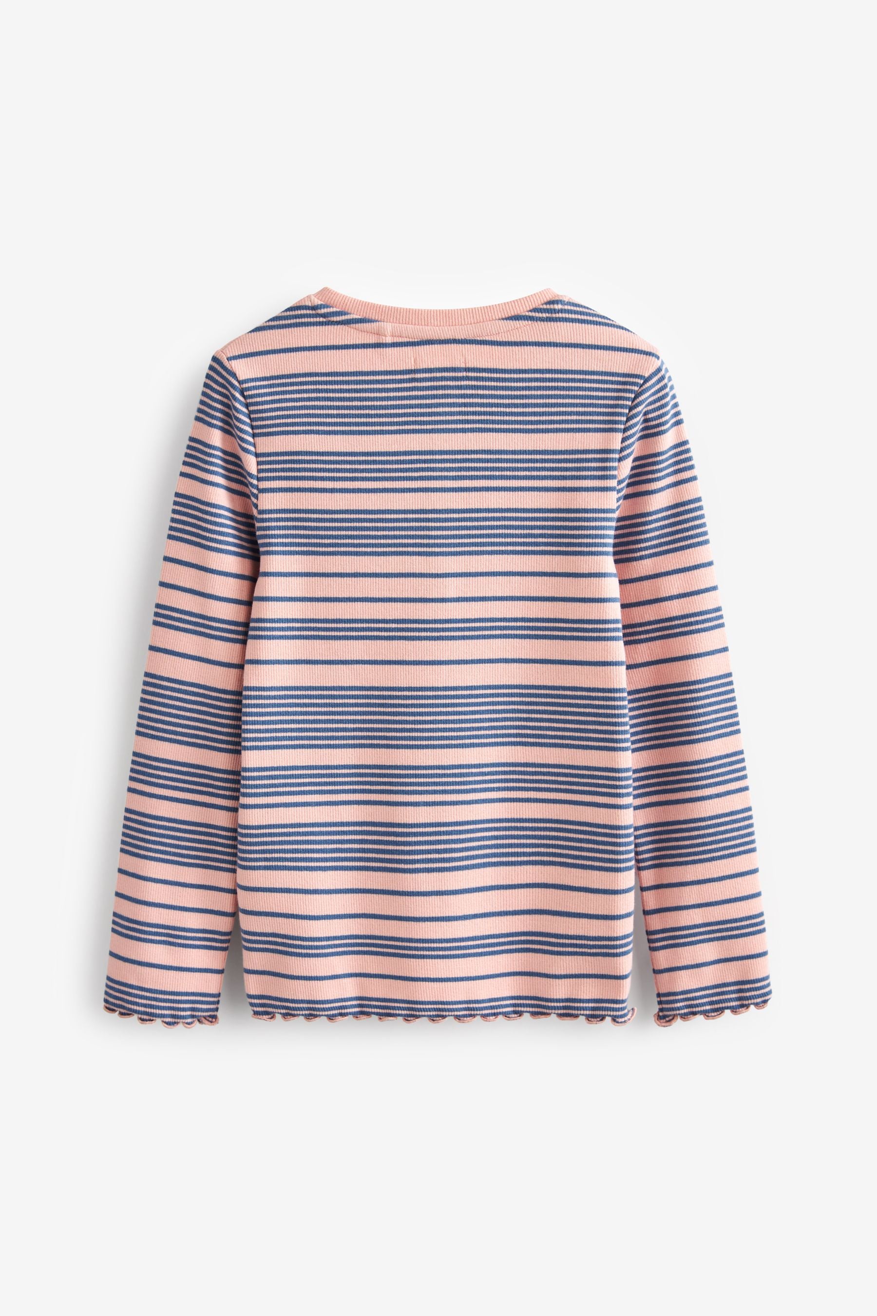 Pink/Navy Stripe Ribbed Long Sleeve Top With Placket (3-16yrs)