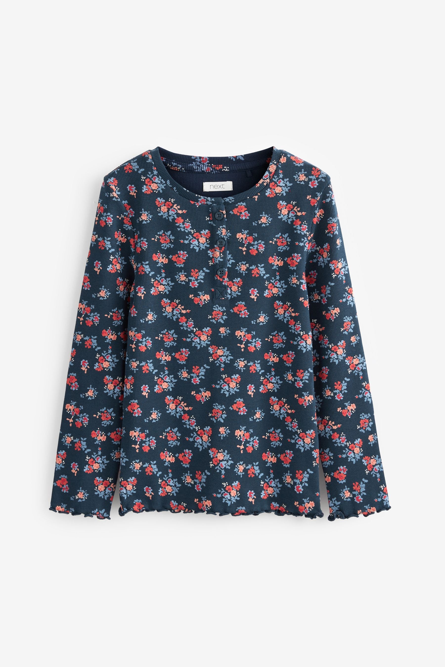 Navy Blue Floral Ribbed Long Sleeve Top With Placket (3-16yrs)