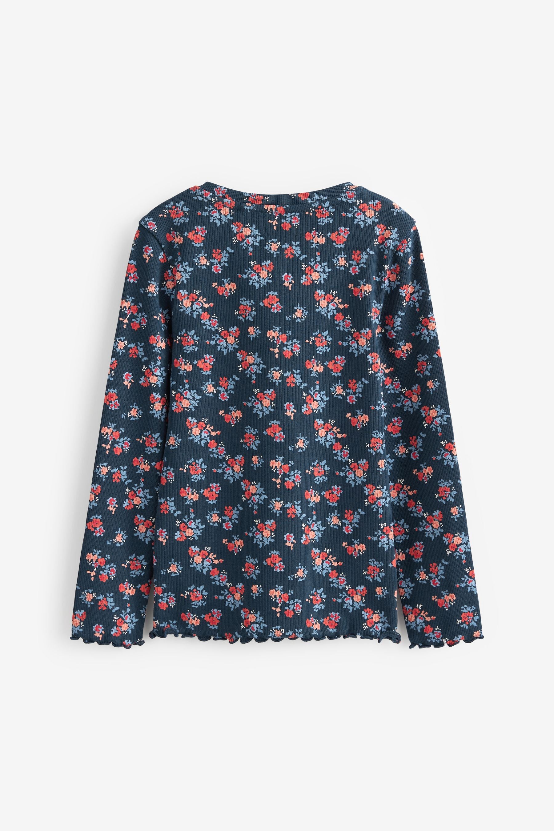 Navy Blue Floral Ribbed Long Sleeve Top With Placket (3-16yrs)