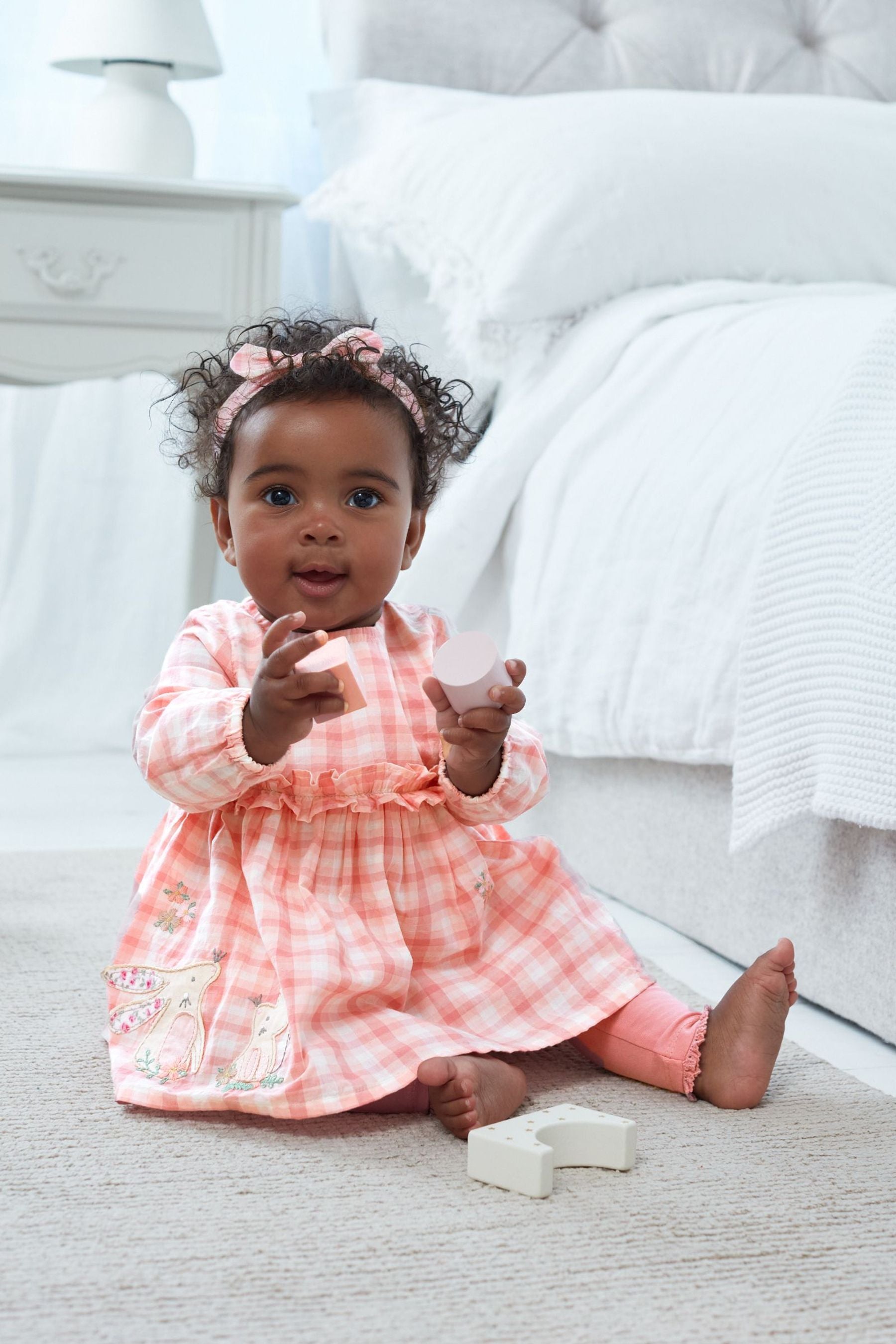 Pink Bunny 3 Piece Baby Woven Top, Leggings And Headband Set