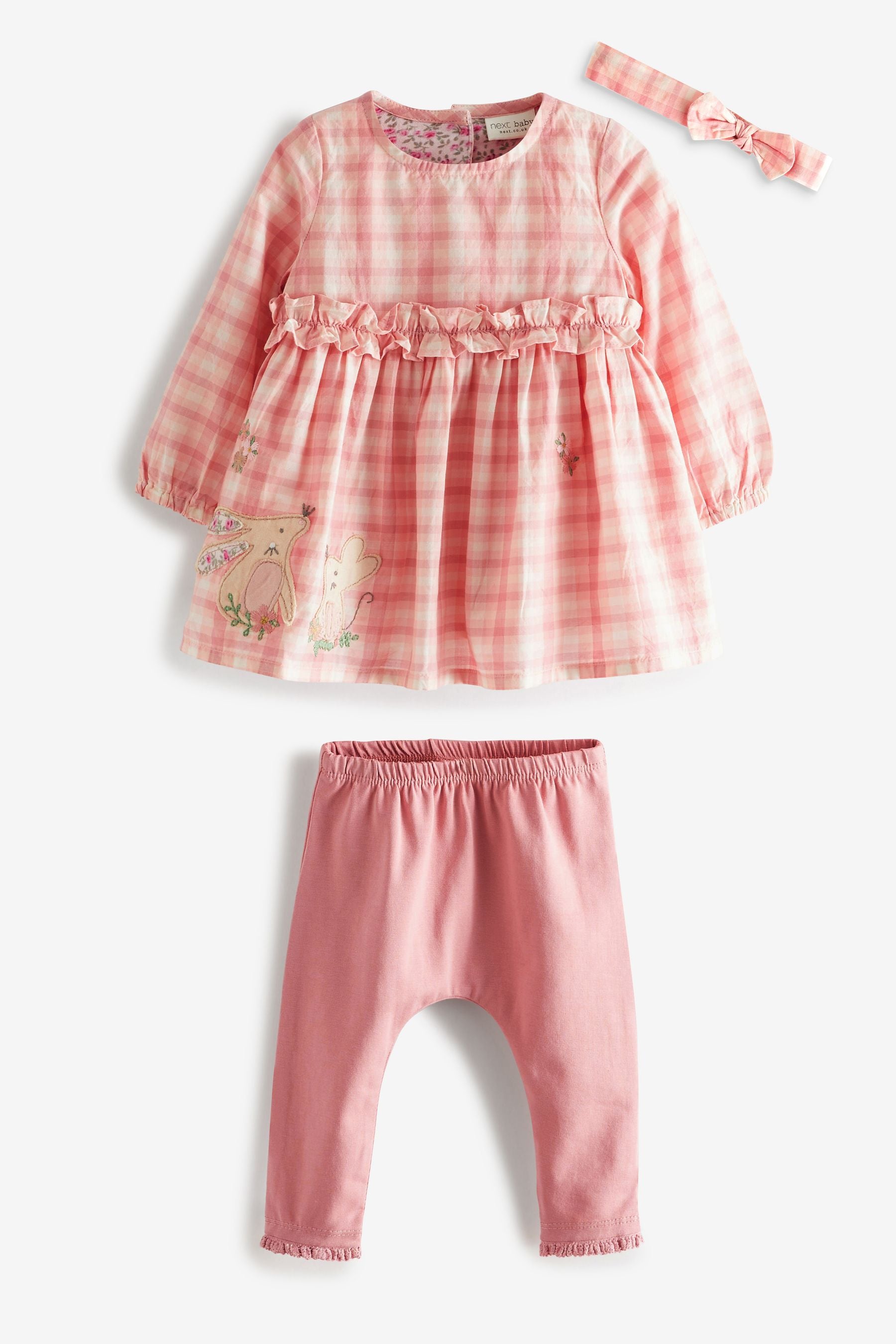 Pink Bunny 3 Piece Baby Woven Top, Leggings And Headband Set