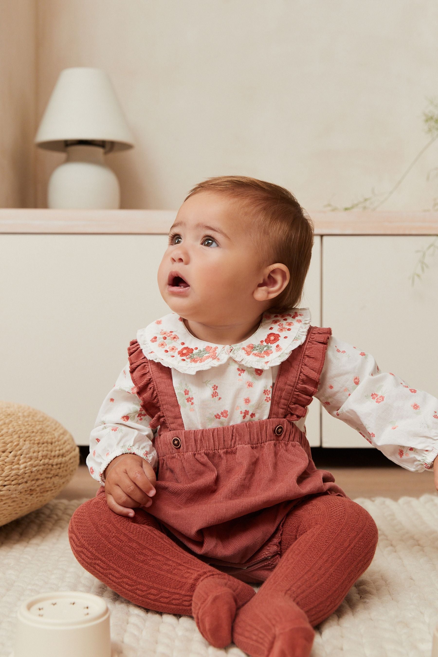 Rust Brown Three Piece Baby Woven Cord Bloomer Set With Embroidered Bodysuit And Tights (0mths-2yrs)