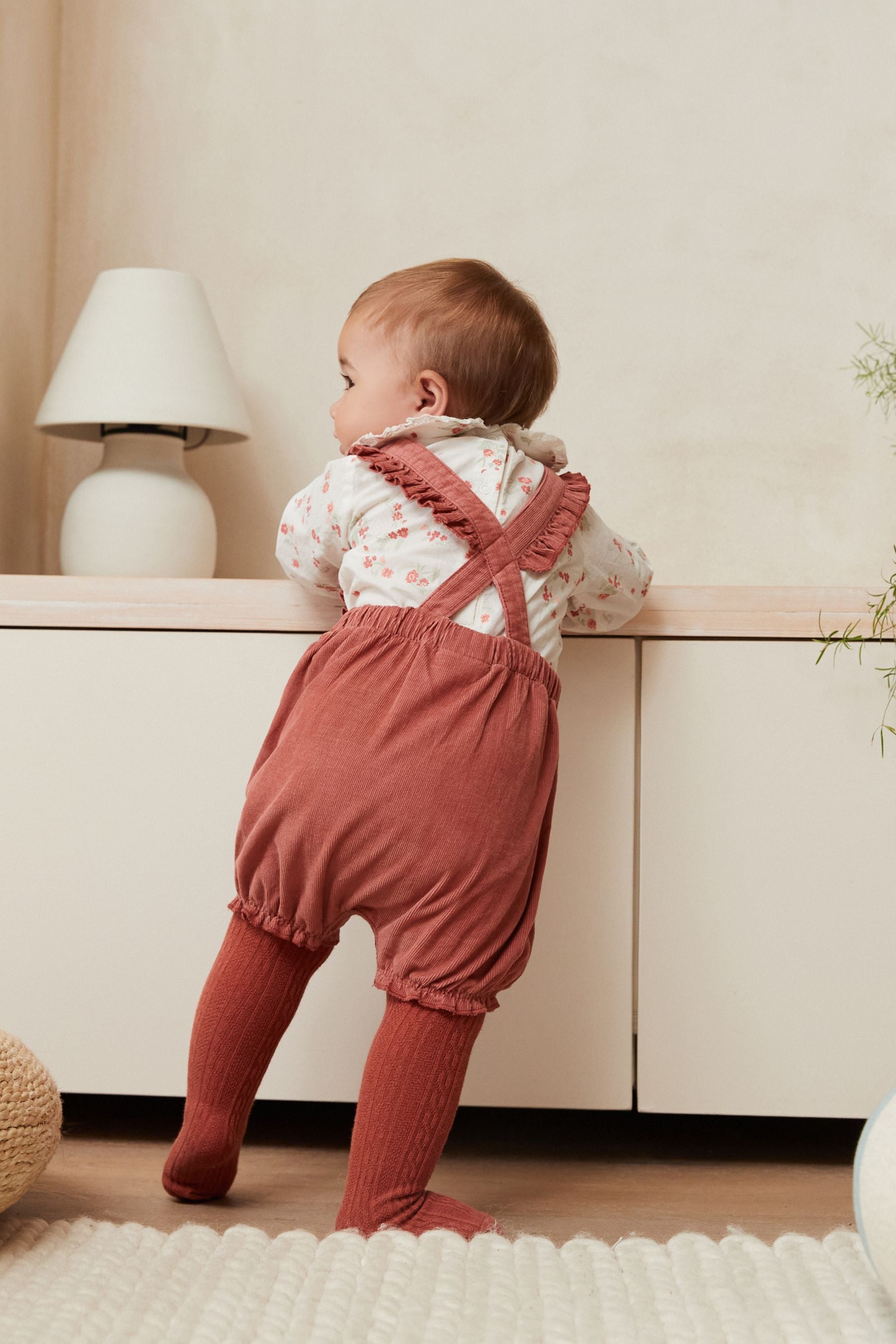 Rust Brown Three Piece Baby Woven Cord Bloomer Set With Embroidered Bodysuit And Tights (0mths-2yrs)