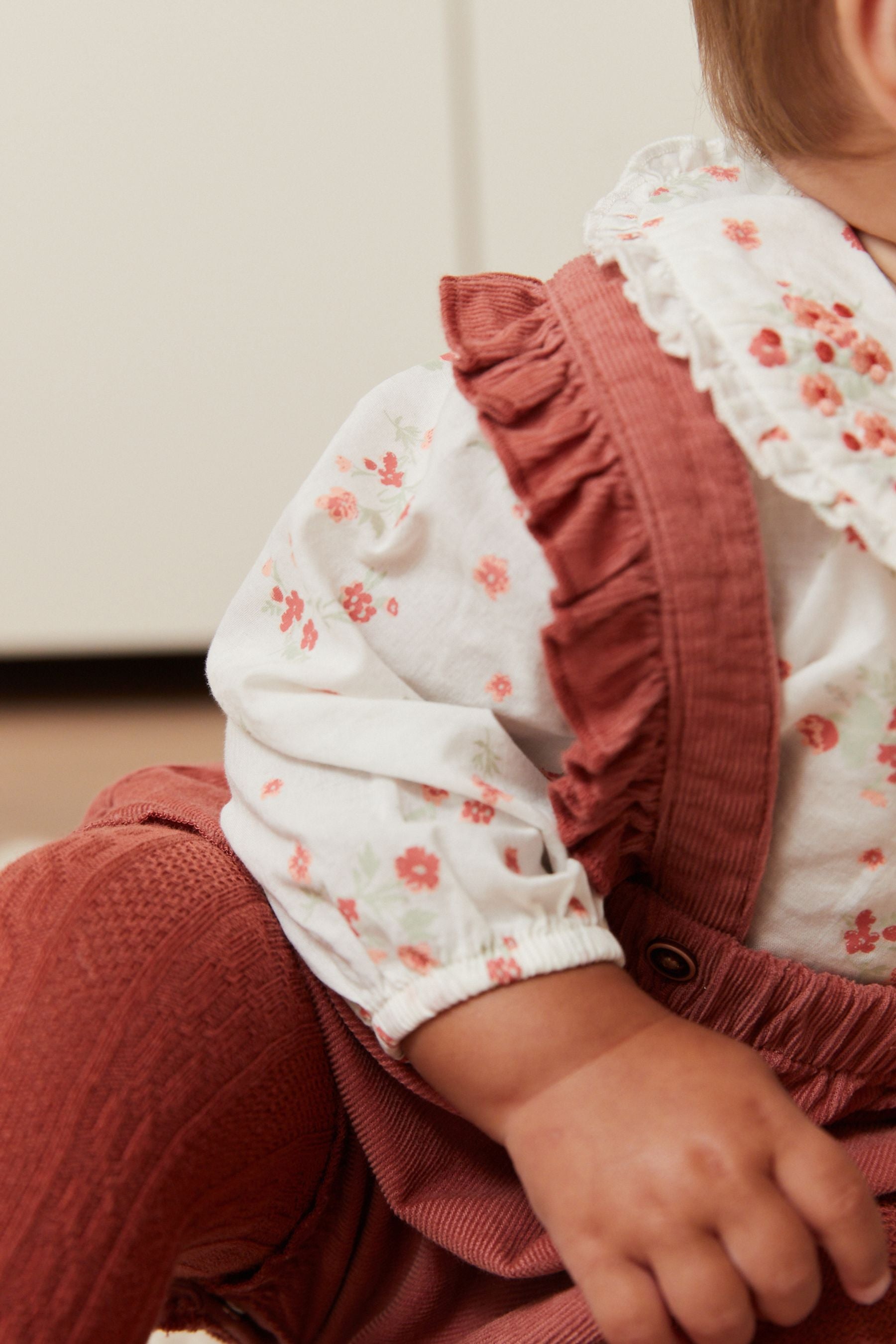 Rust Brown Three Piece Baby Woven Cord Bloomer Set With Embroidered Bodysuit And Tights (0mths-2yrs)