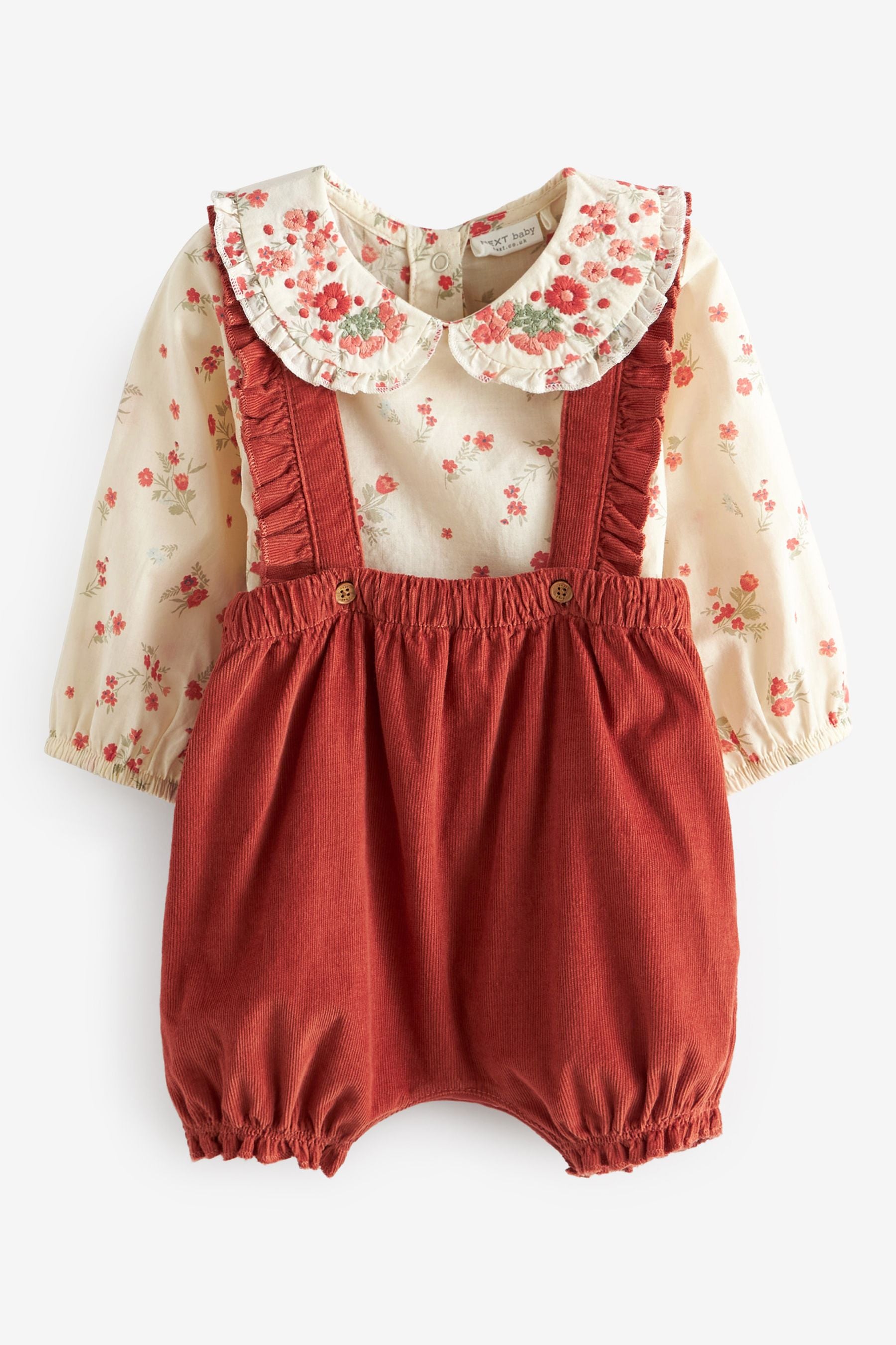 Rust Brown Three Piece Baby Woven Cord Bloomer Set With Embroidered Bodysuit And Tights (0mths-2yrs)