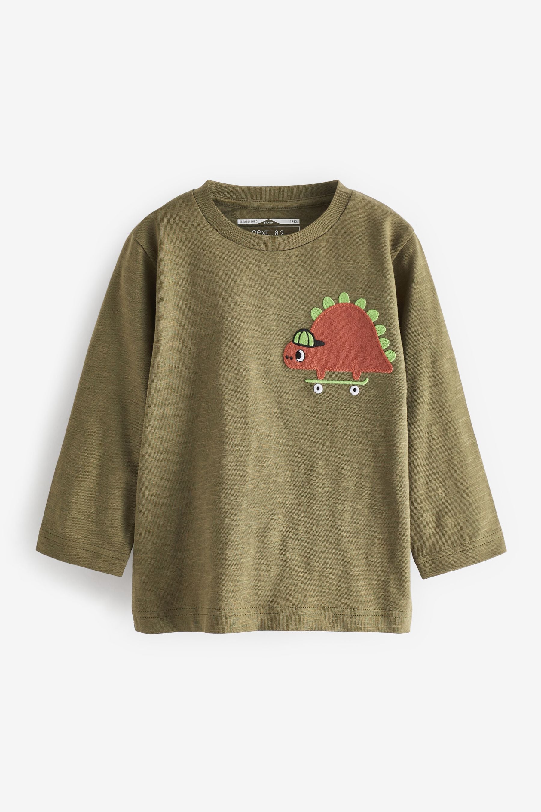 Khaki Green Dino Long Sleeve Chest Applique T-Shirt (3mths-7yr