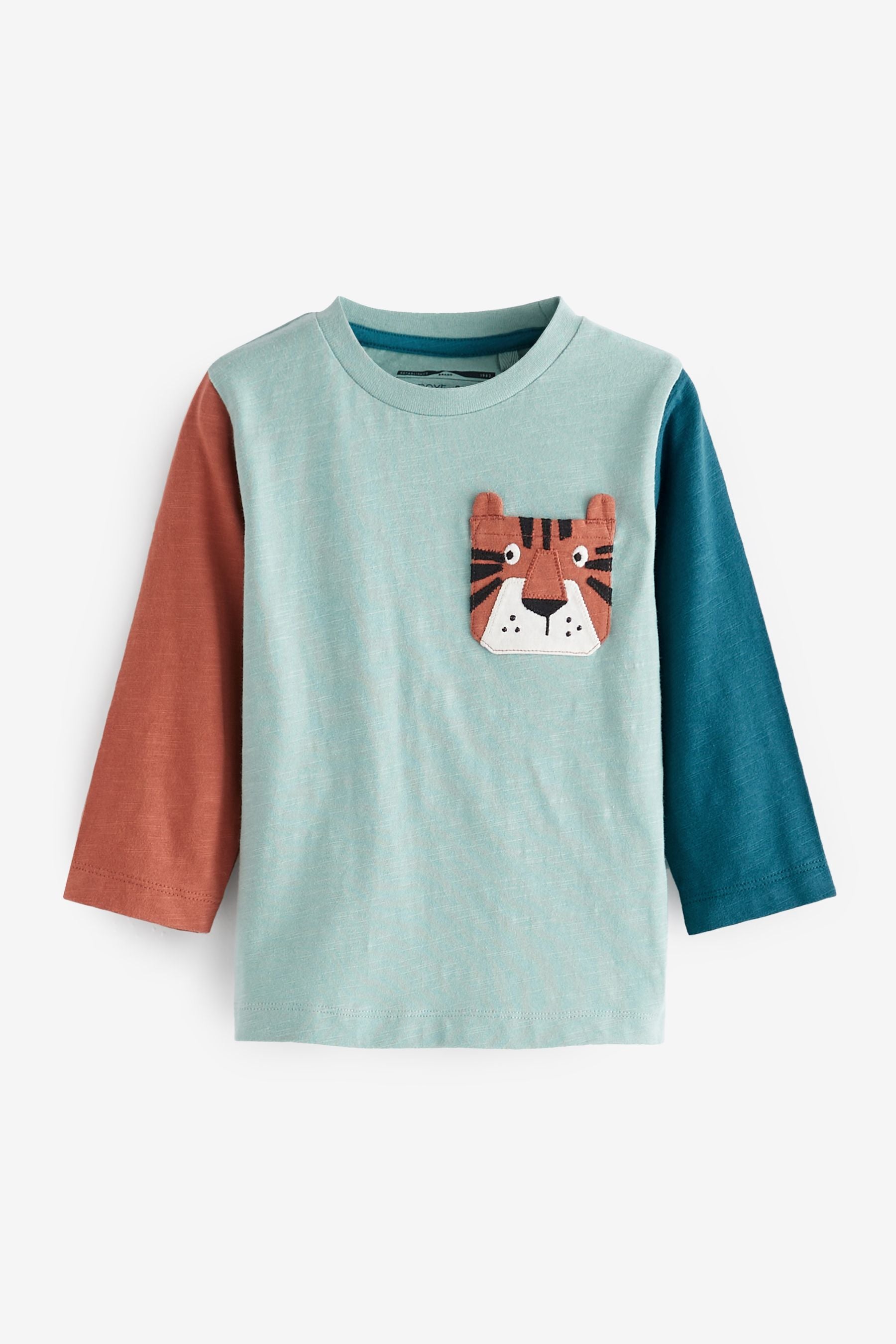 Blue/Orange Tiger Colourblock Long Sleeve Pocket T-Shirt (3mths-7yrs)