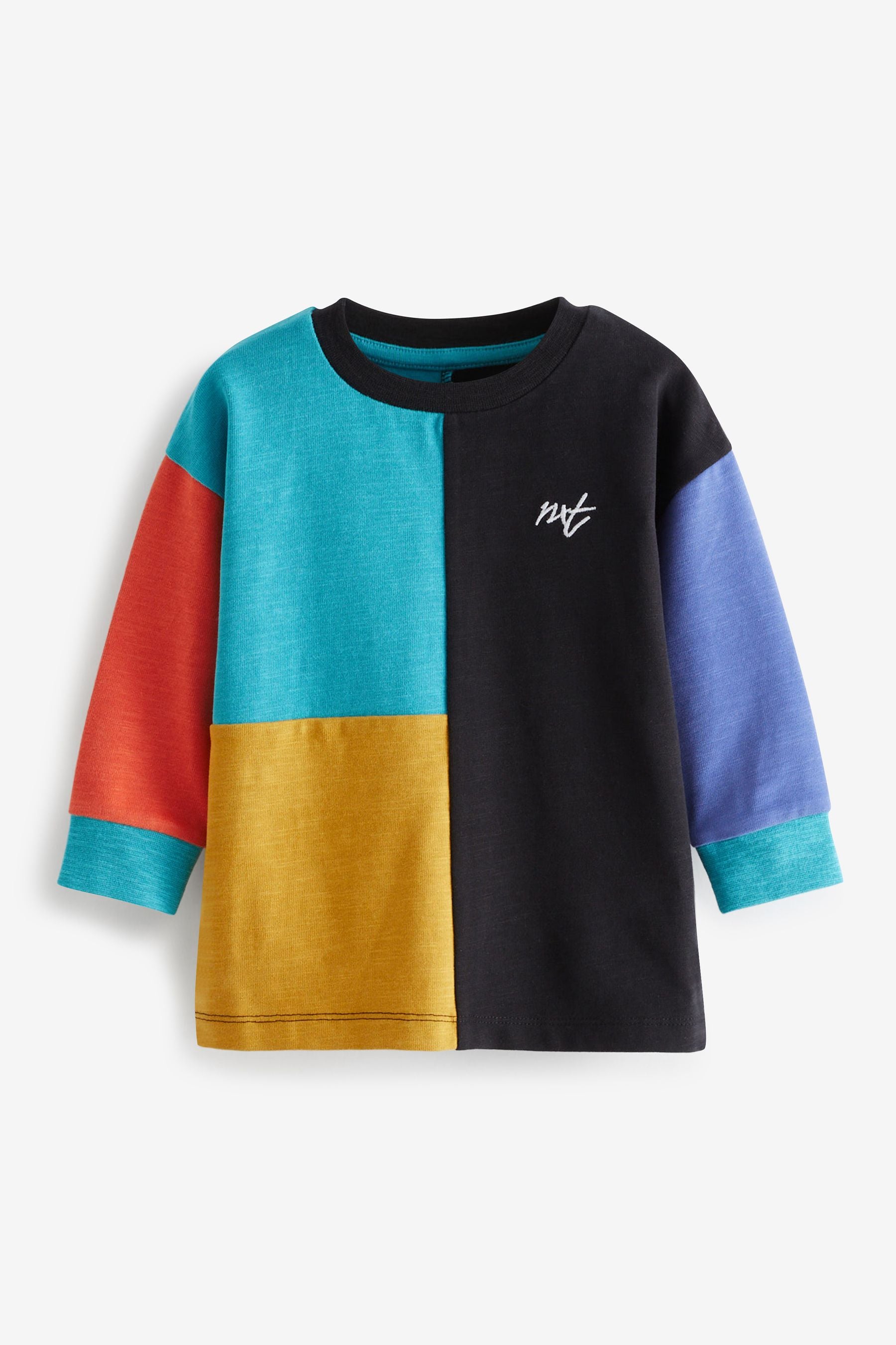 Black/Teal Blue/Orange Cosy Colourblock Long Sleeve T-Shirt (3mths-7yrs)