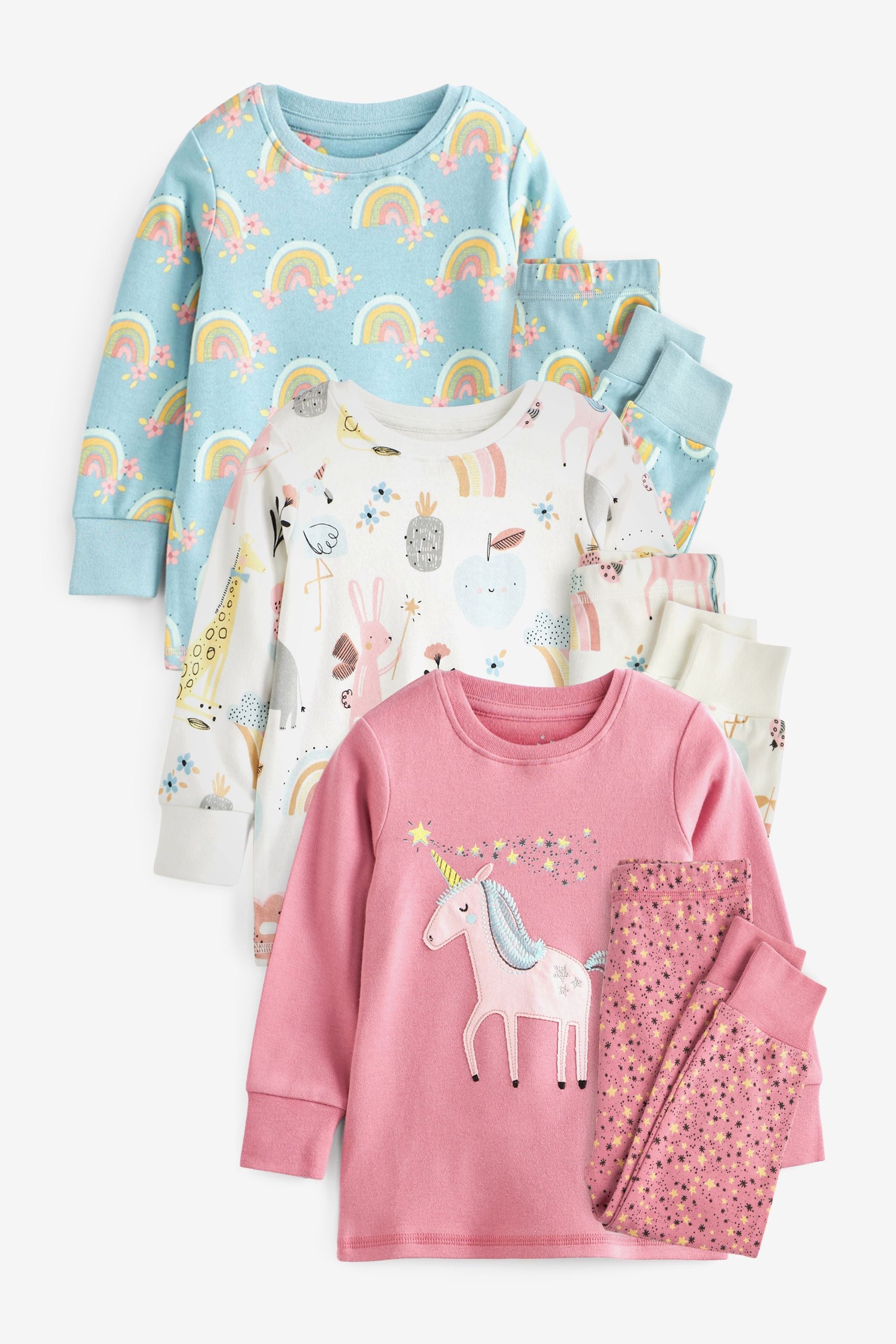 Pink/Blue Unicorn Pyjamas 3 Pack (9mths-8yrs)