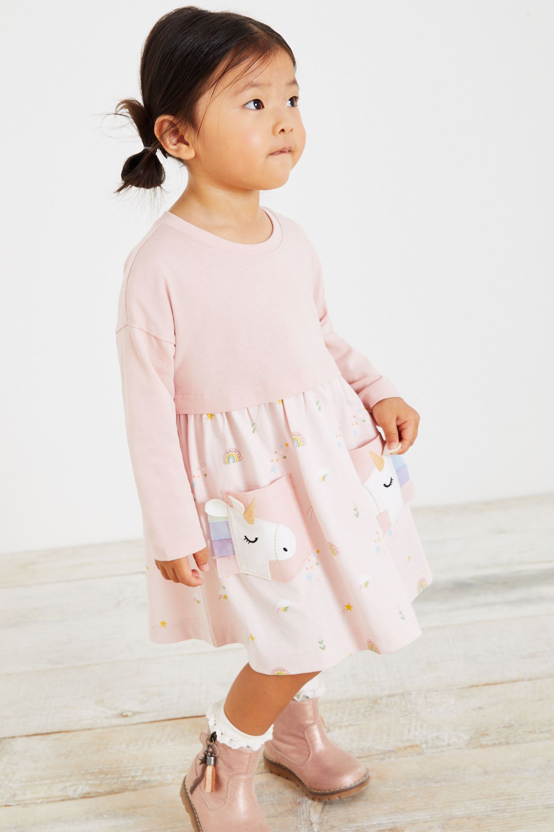 Pink Unicorn Long Sleeve Cotton Pocket Dress (3mths-7yrs)