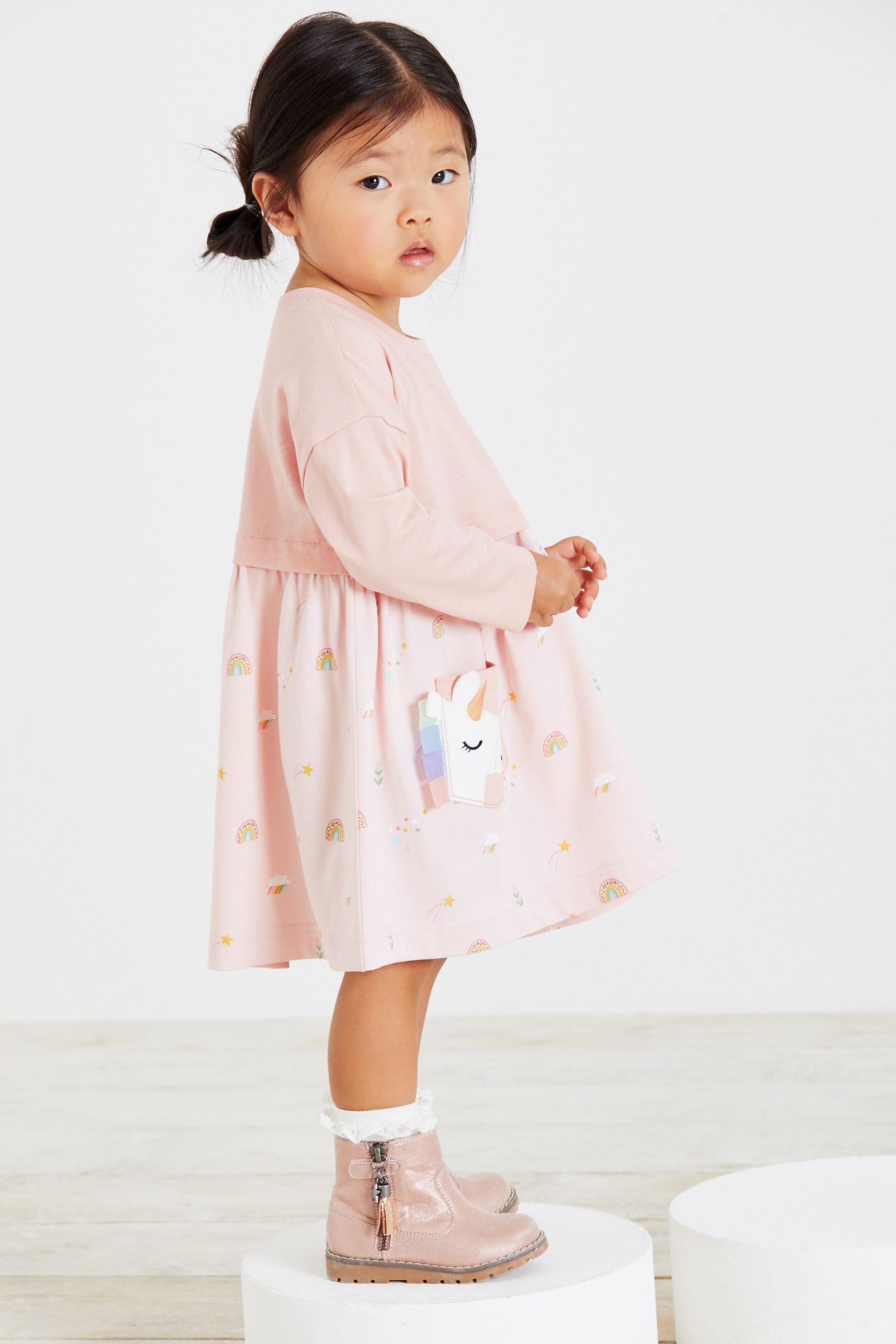 Pink Unicorn Long Sleeve Cotton Pocket Dress (3mths-7yrs)