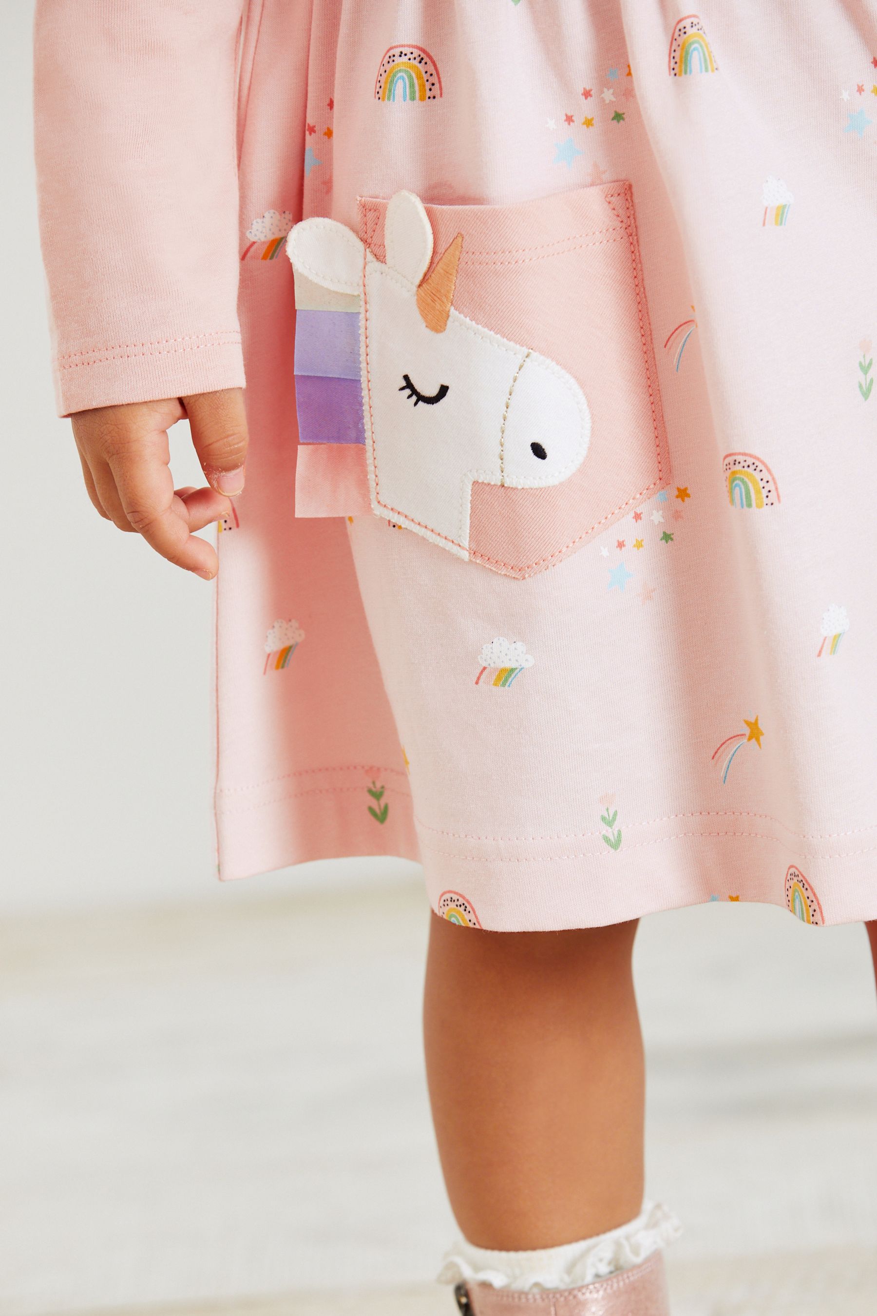 Pink Unicorn Long Sleeve Cotton Pocket Dress (3mths-7yrs)