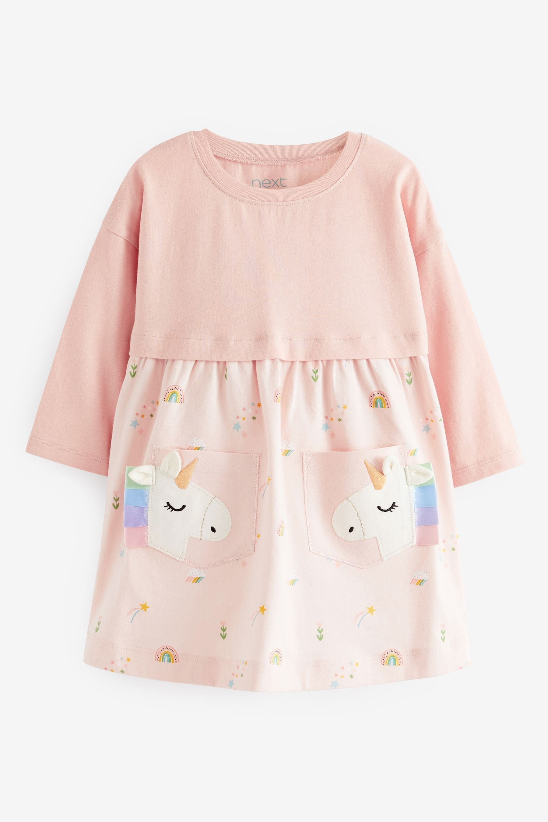 Pink Unicorn Long Sleeve Cotton Pocket Dress (3mths-7yrs)