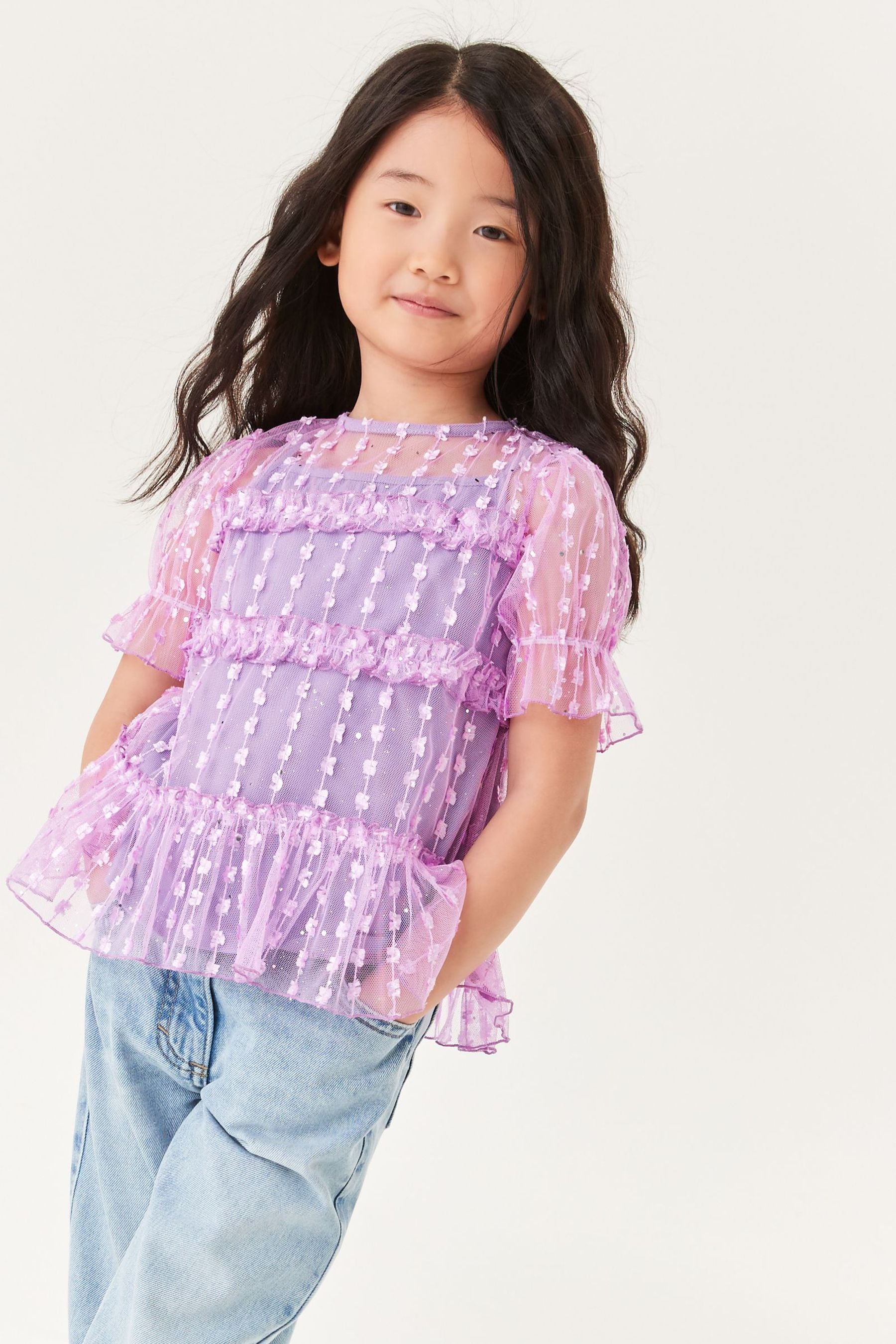 Lilac Purple Sequin Mesh Layered Party Top (3-16yrs)