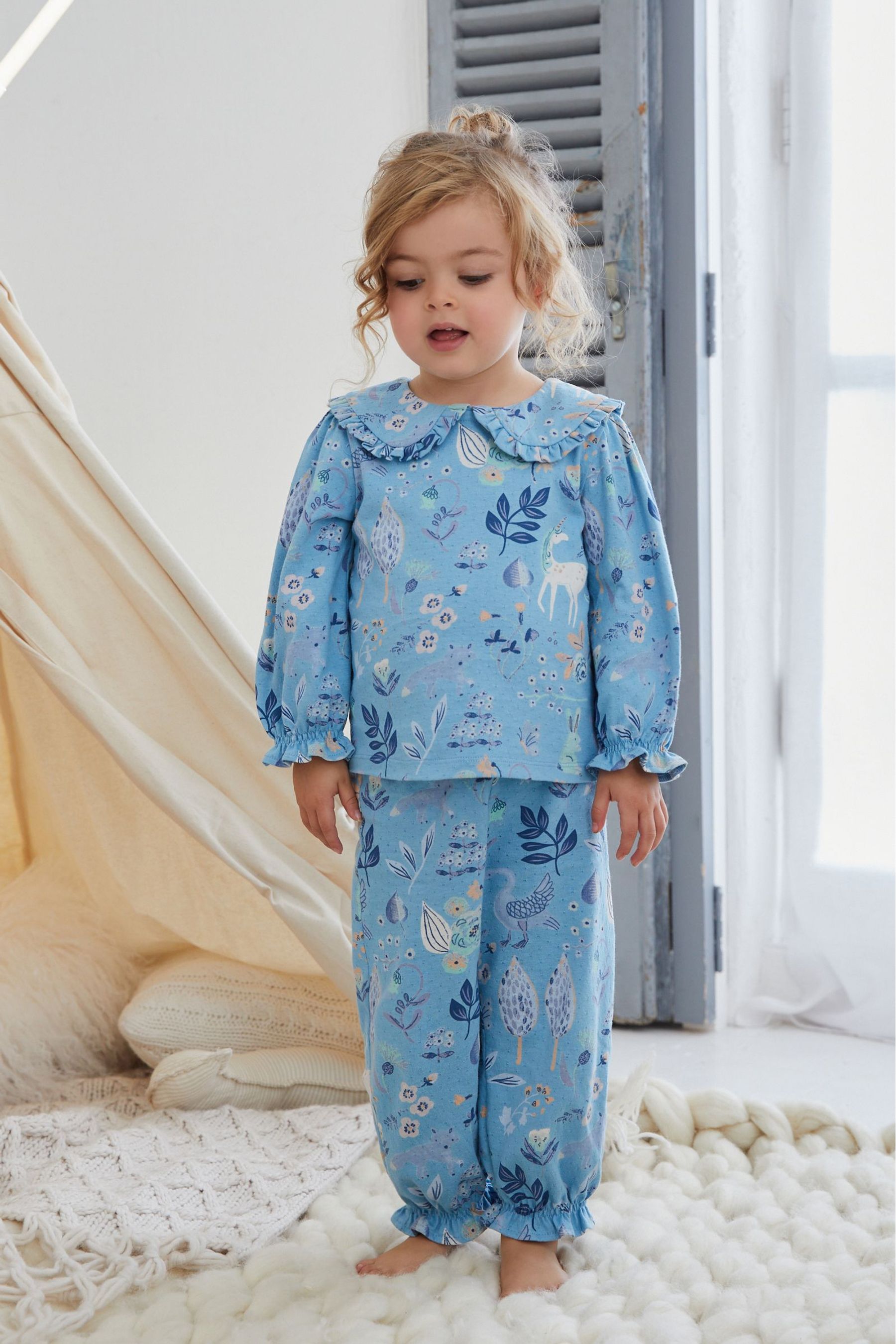 Blue/White Unicorn/Woodland Oversized Collar Cute Character Jogger 2 Pack Pyjama (9mths-8yrs)