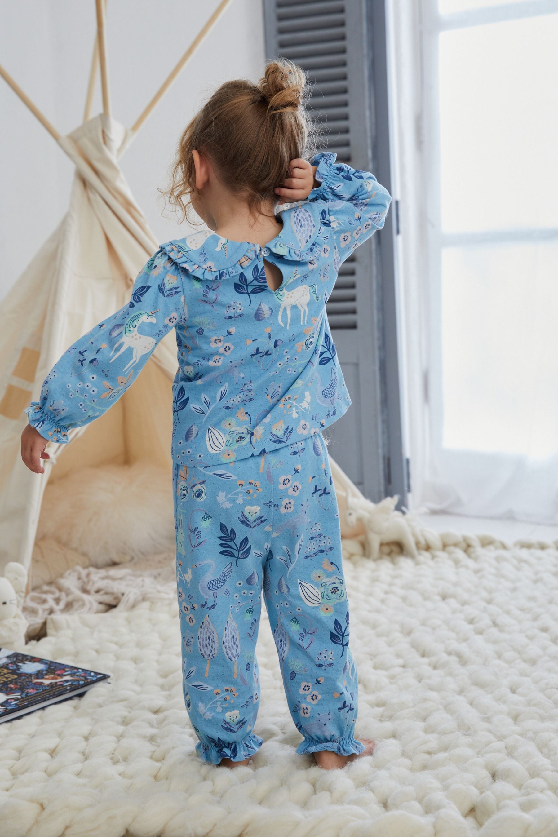 Blue/White Unicorn/Woodland Oversized Collar Cute Character Jogger 2 Pack Pyjama (9mths-8yrs)